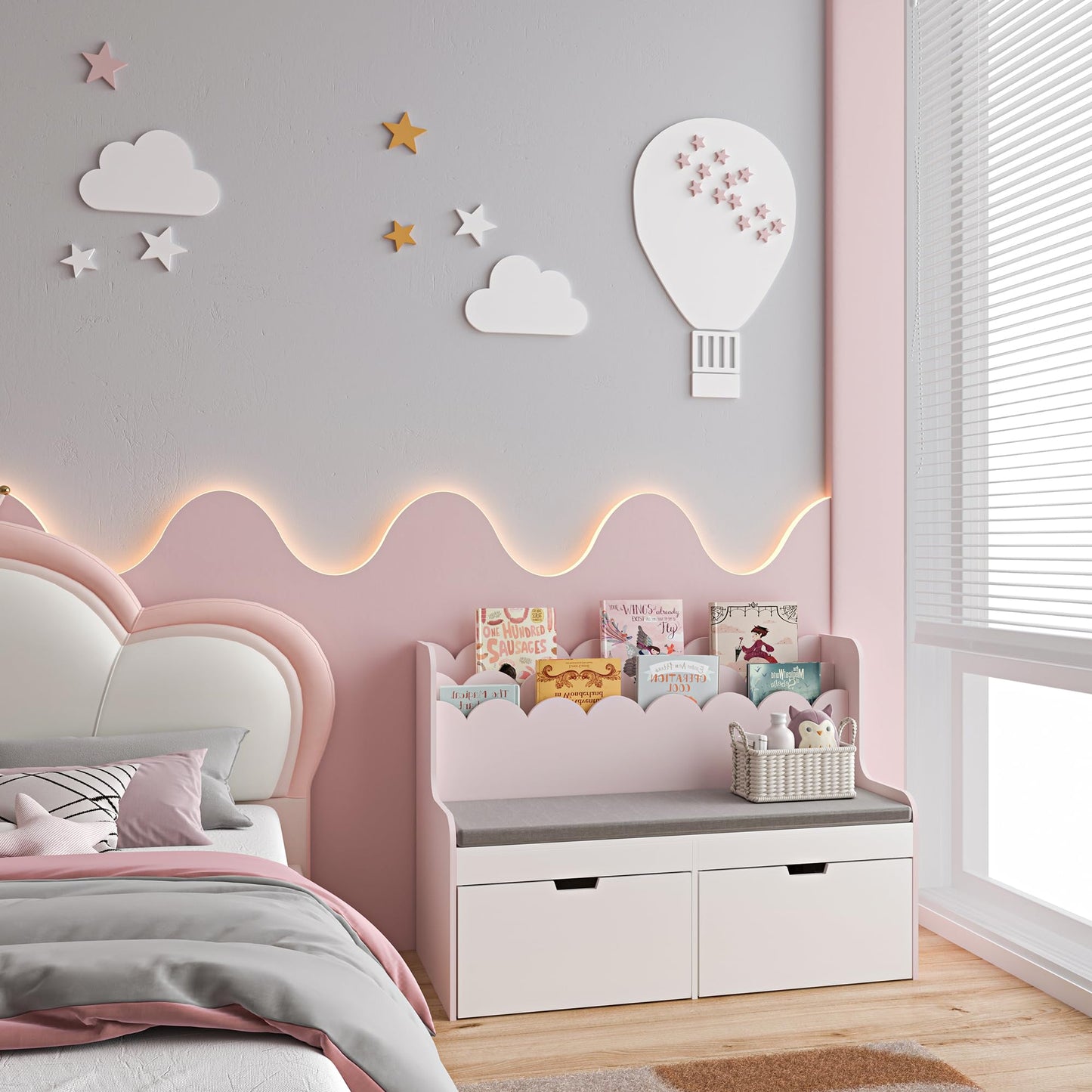 Kindersitzbank mit Bücherregal und Schubladen