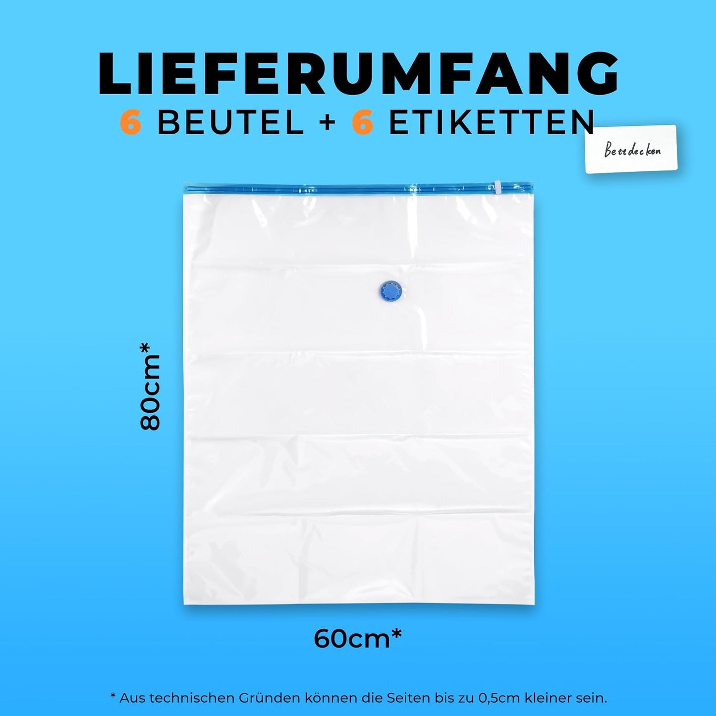 6-teiliges Vakuumbeutel-Set für Kleidung, 80x60cm, L - 60x80cm (100µ) 6