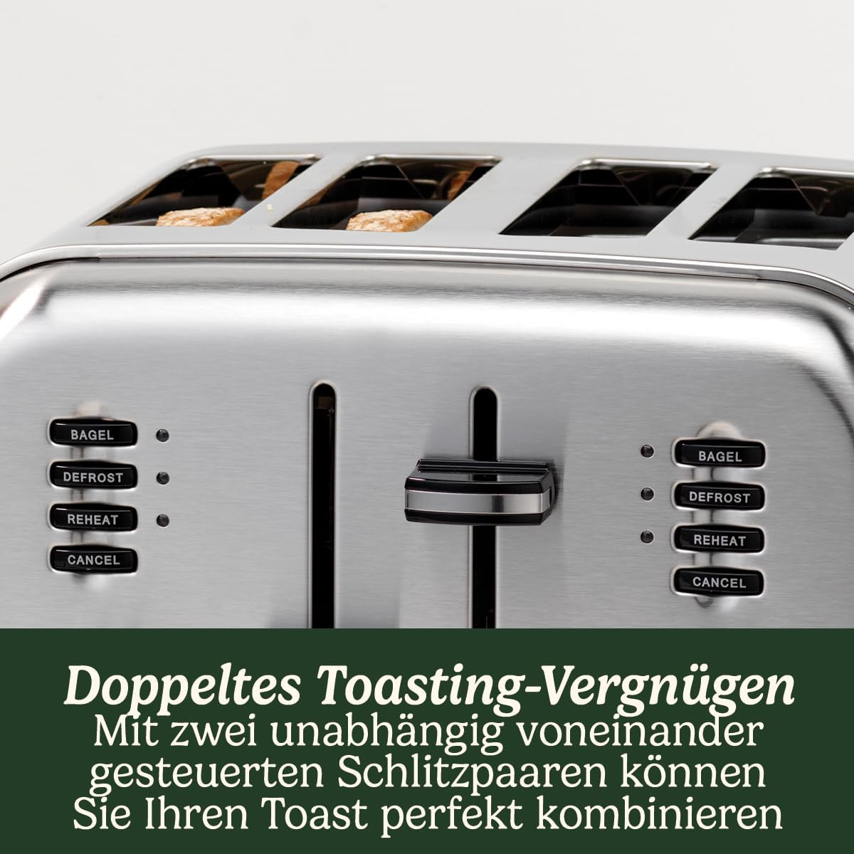 4-Scheiben-Toaster mit breiten Schlitzen und 6 Bräunungsstufen, 4-Scheiben Pistaziengrün