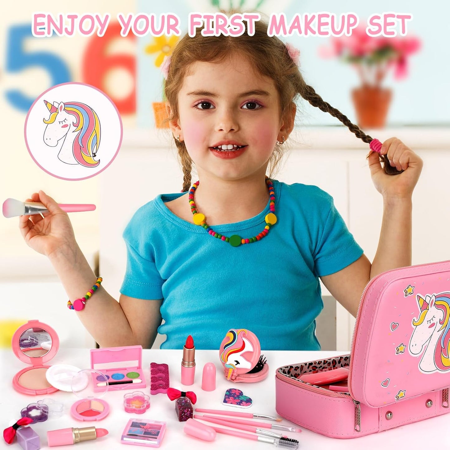 Abwaschbares Kinderschminke-Set in Schminkkoffer, Rosa