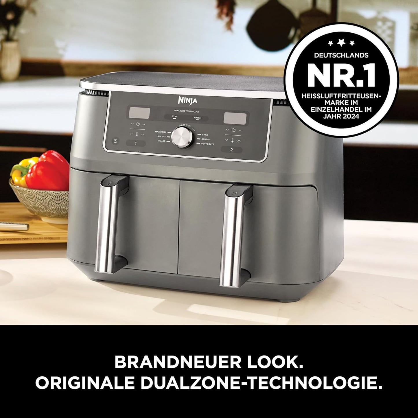 Dual Zone Digital Air Fryer mit 2 Schubladen (9,5L), Metallic Grau 9,5l