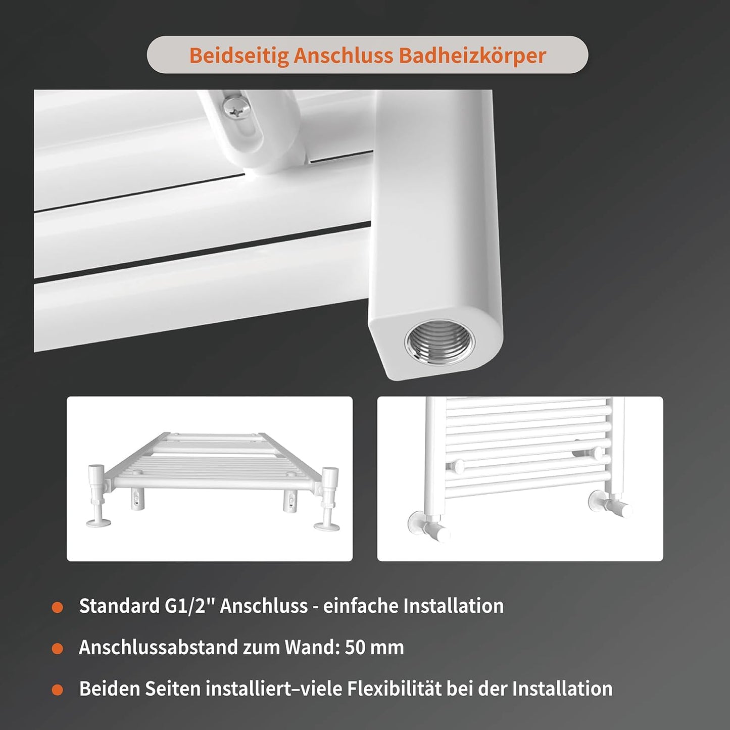 Handtuchheizkörper mit Seitenanschluss, 1200x500mm Weiss