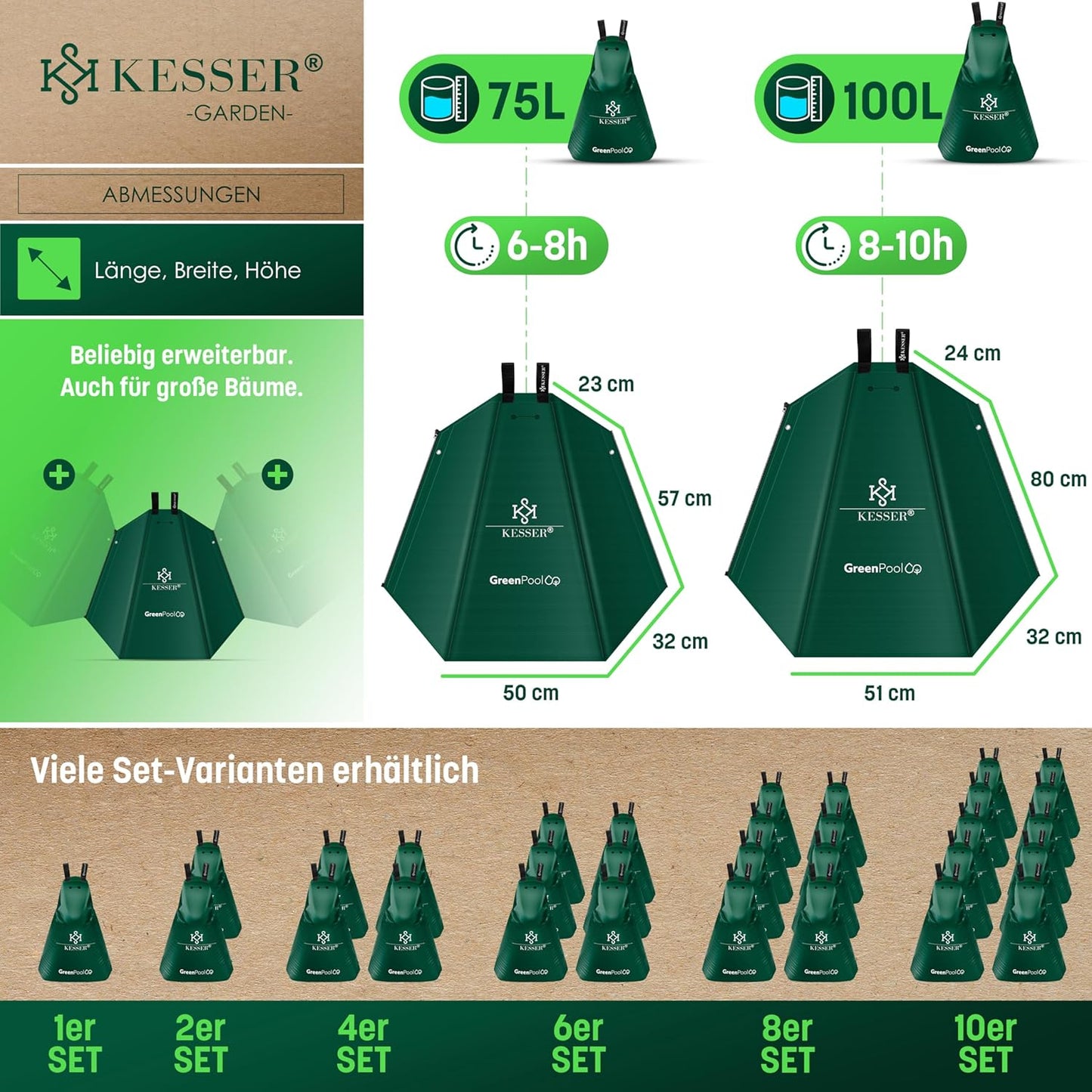 Baumbewässerungssack Set mit Diebstahlschutz, 75 Liter 8er Set Grün