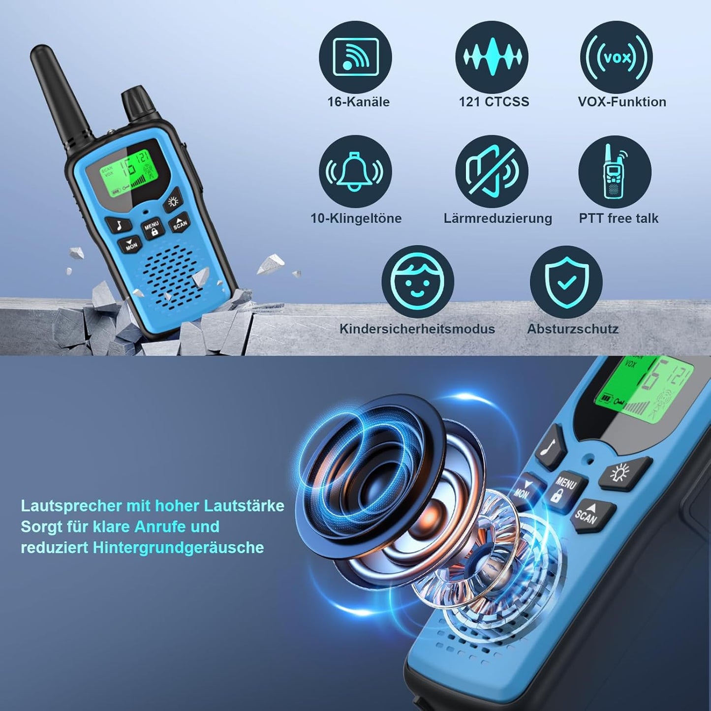Walkie Talkie Set für Kinder, 3er Set Rot+Blau+Orange