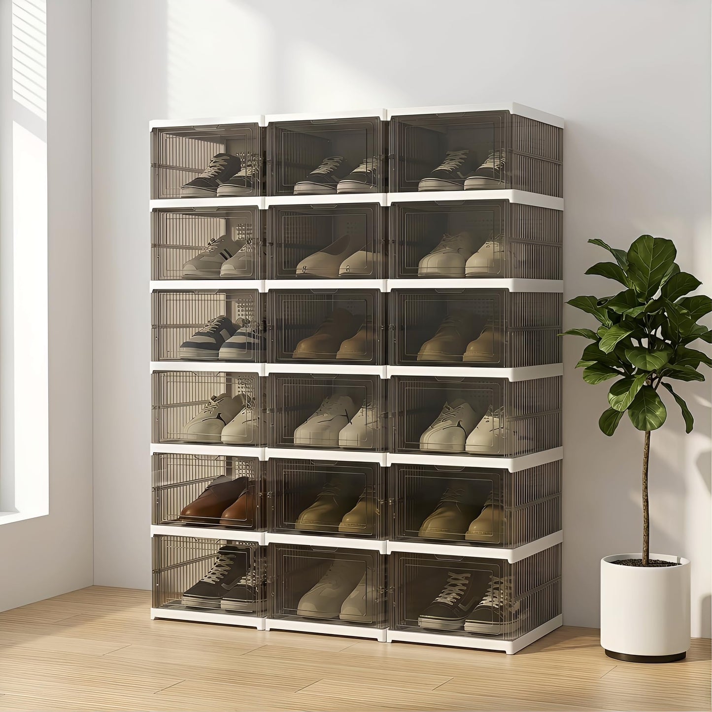 Schuhboxen Stapelbar, Transparent, Faltbar (18 Stück), Schwarz 18 Ebenen
