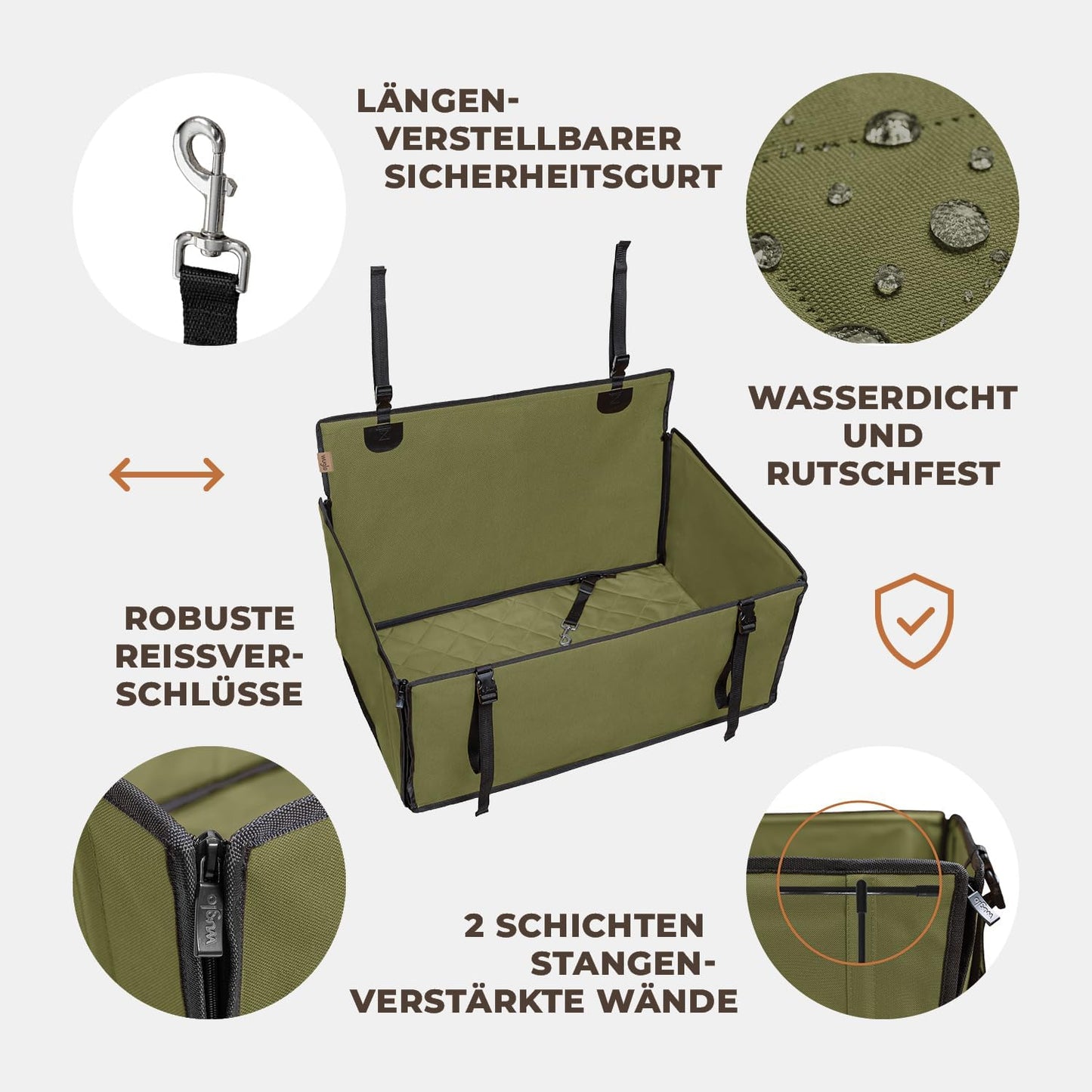 Hunde Autositz für kleine bis mittlere Hunde, L Khaki