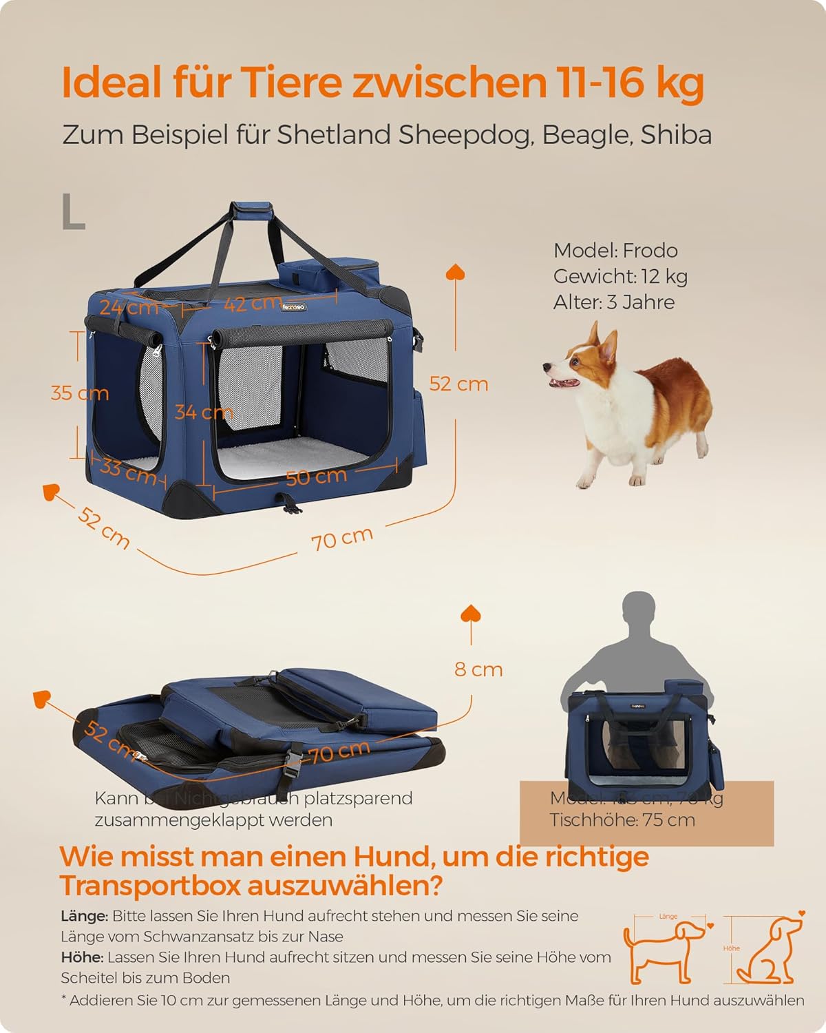 Faltbare Hundetransportbox (Grösse L), L 70 x B 52 x H 52 cm, Dunkelblau
