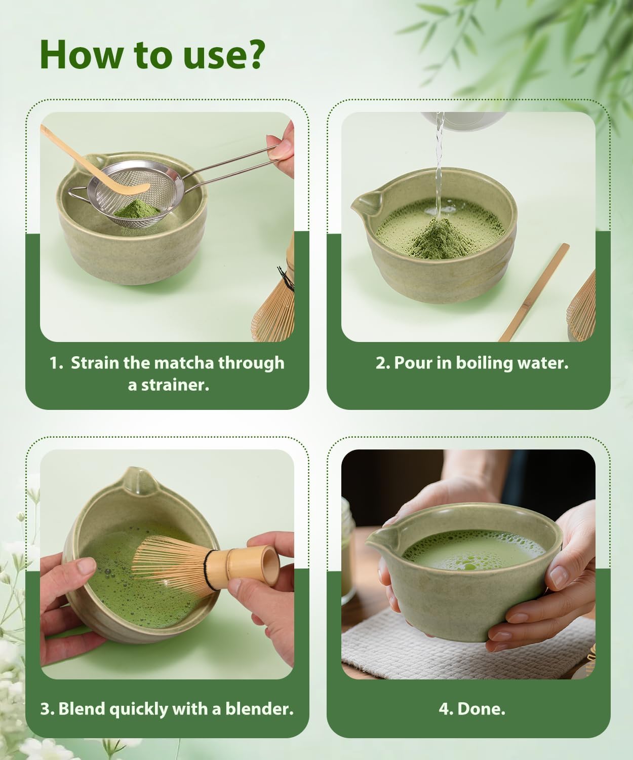 6-teiliges Matcha Tee Set mit Besen und Schale, Grün