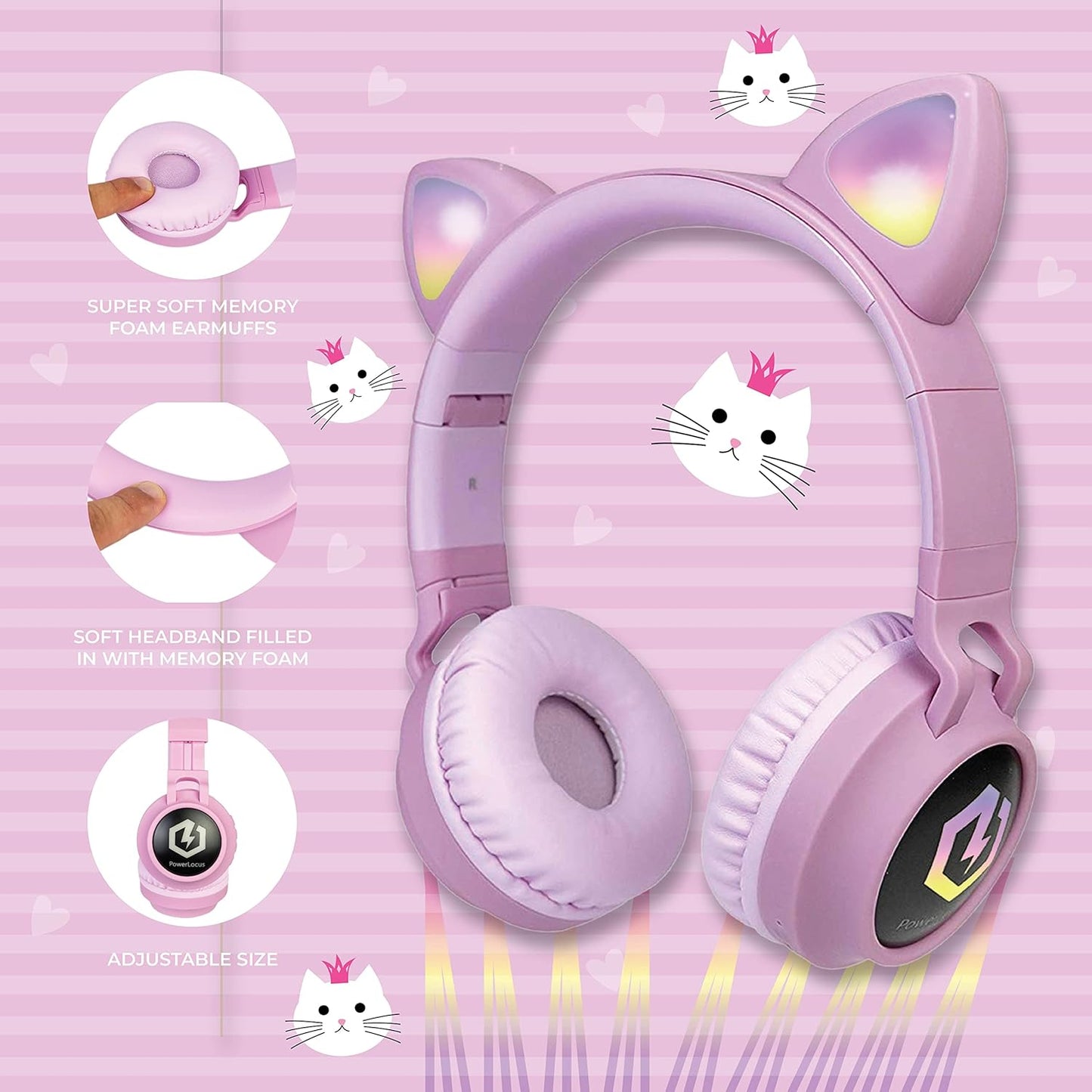 Bluetooth Kinderkopfhörer mit LED Katzenohren, Rosa
