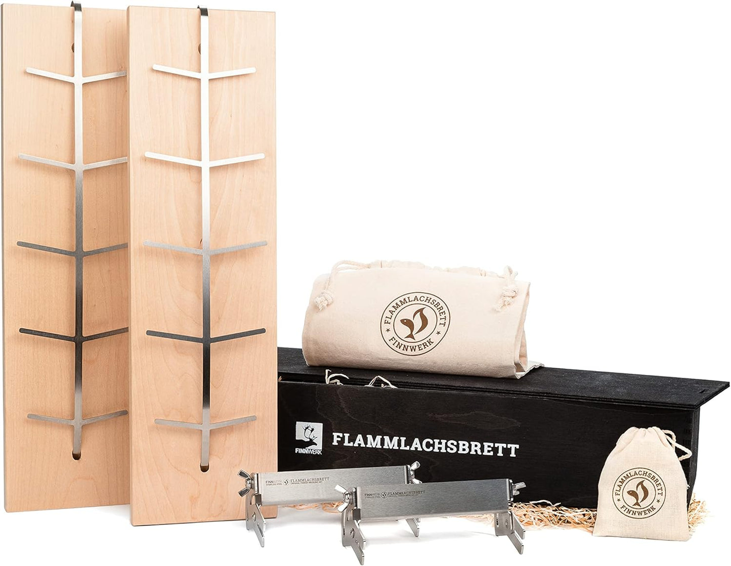 Flammlachsbrett-Set mit Edelstahlhalterung, 2er Set Geschenkset - Schwarz