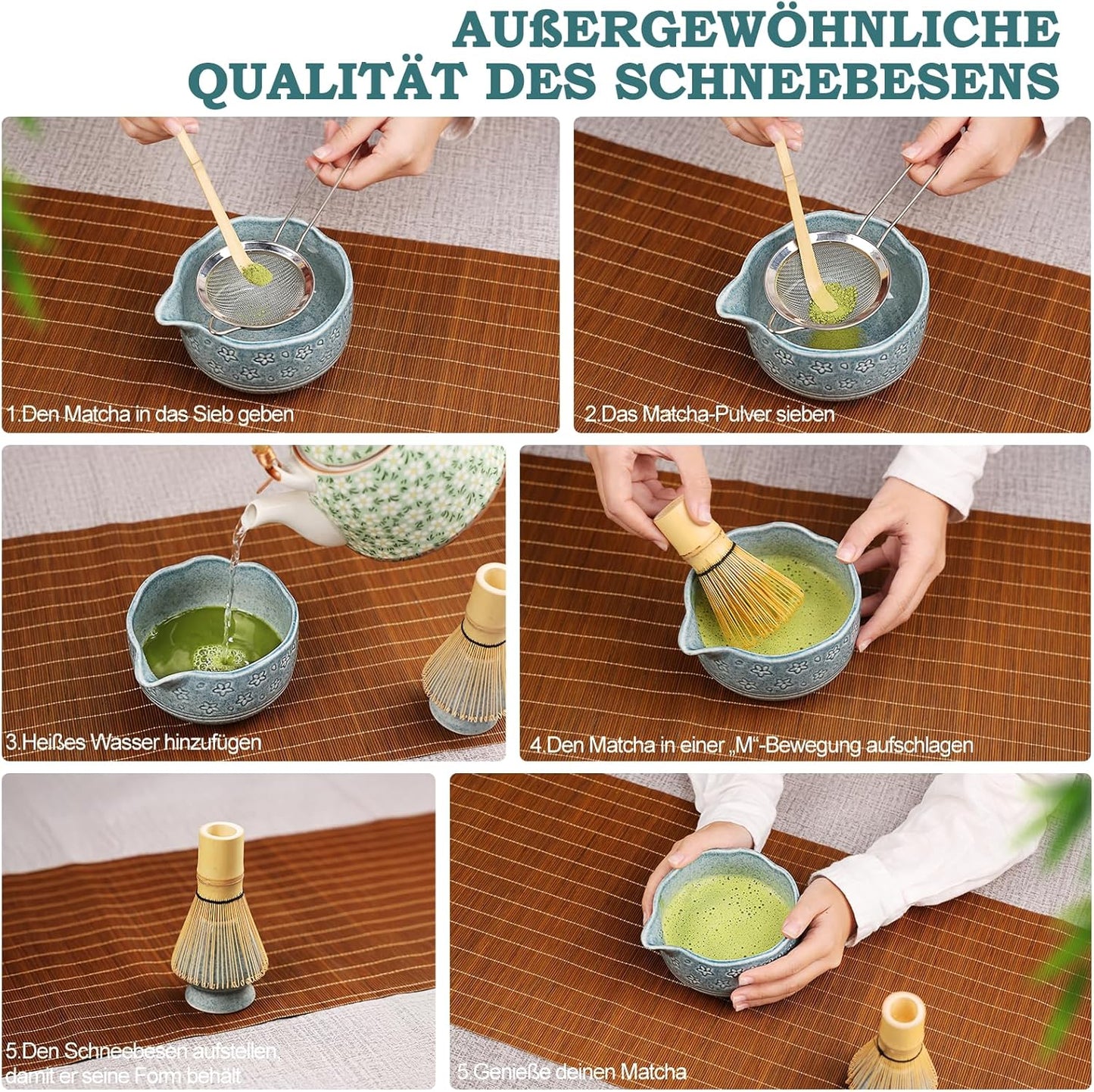 7-teiliges Matcha Tee-Set mit Bambusbesen & Zubehör, Dunkelblau