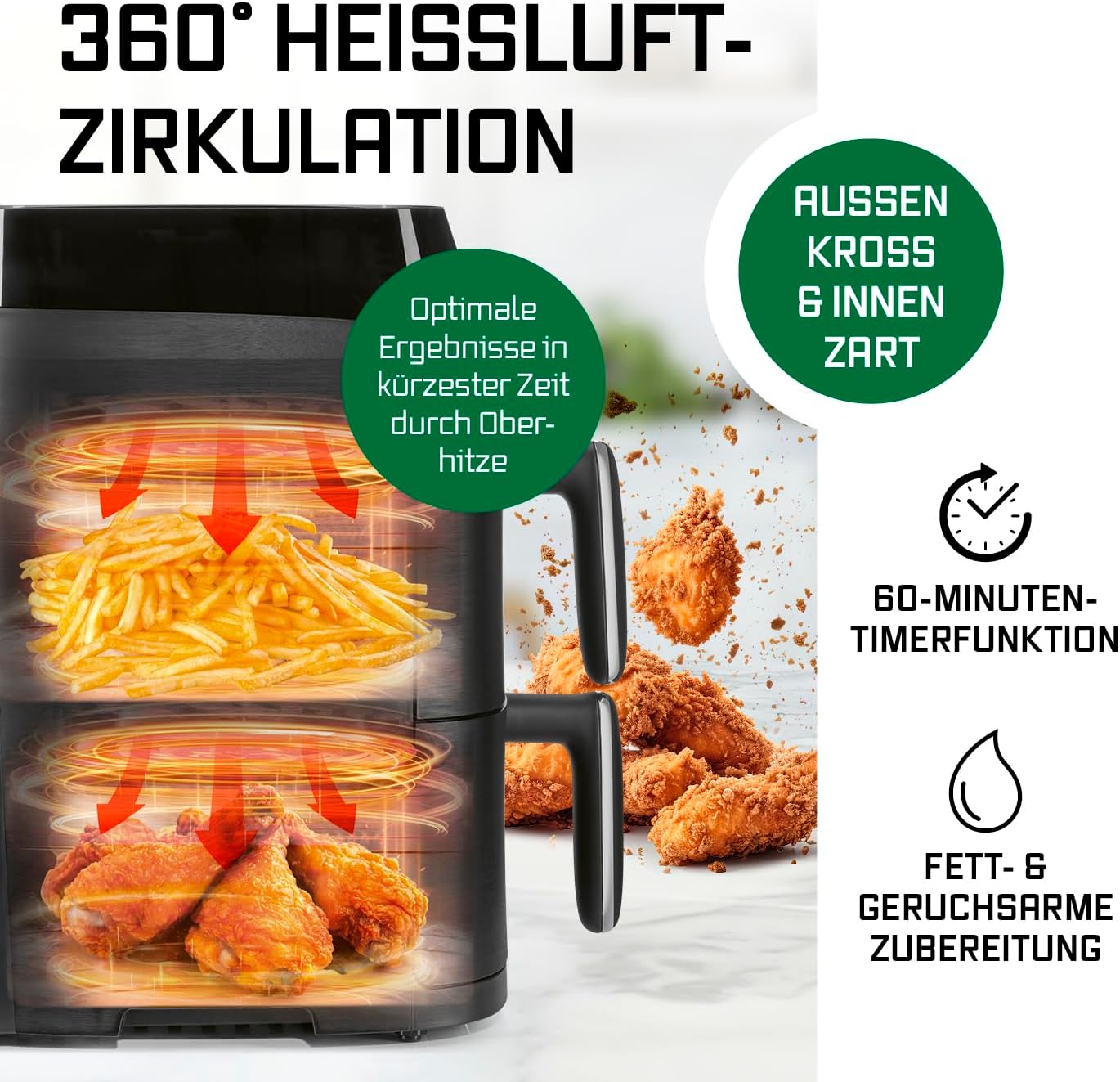 FryUp Vertikale Doppelkammer Heissluftfritteuse mit MultiColour-LED-Touchdisplay, Schwarz 5 Liter (2x 2,5L)