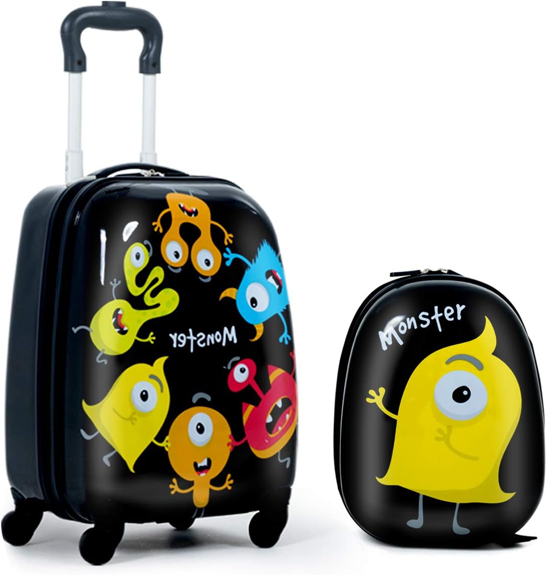 Kinderkoffer mit Rucksack Set, 16 Zoll +12 Zoll, Schwarz