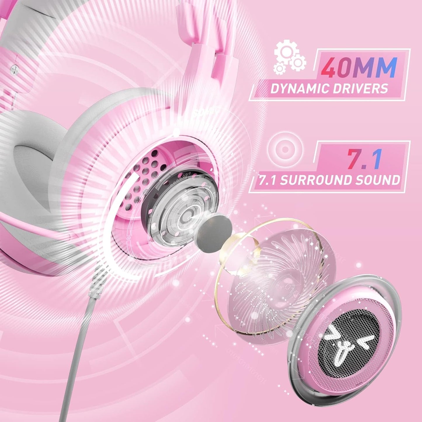 Gaming Headset G951 mit 7.1 Surround und LED-Licht, ROSA