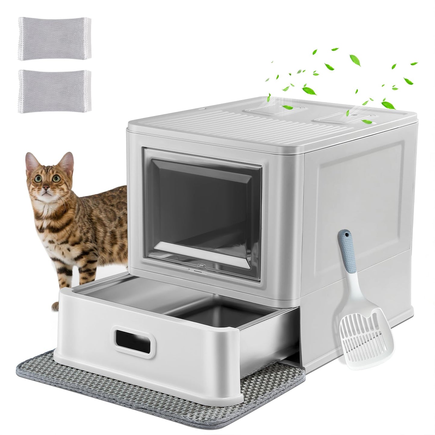 Geschlossene Edelstahl-Katzentoilette mit Schublade, Geschlossener Frontzugang