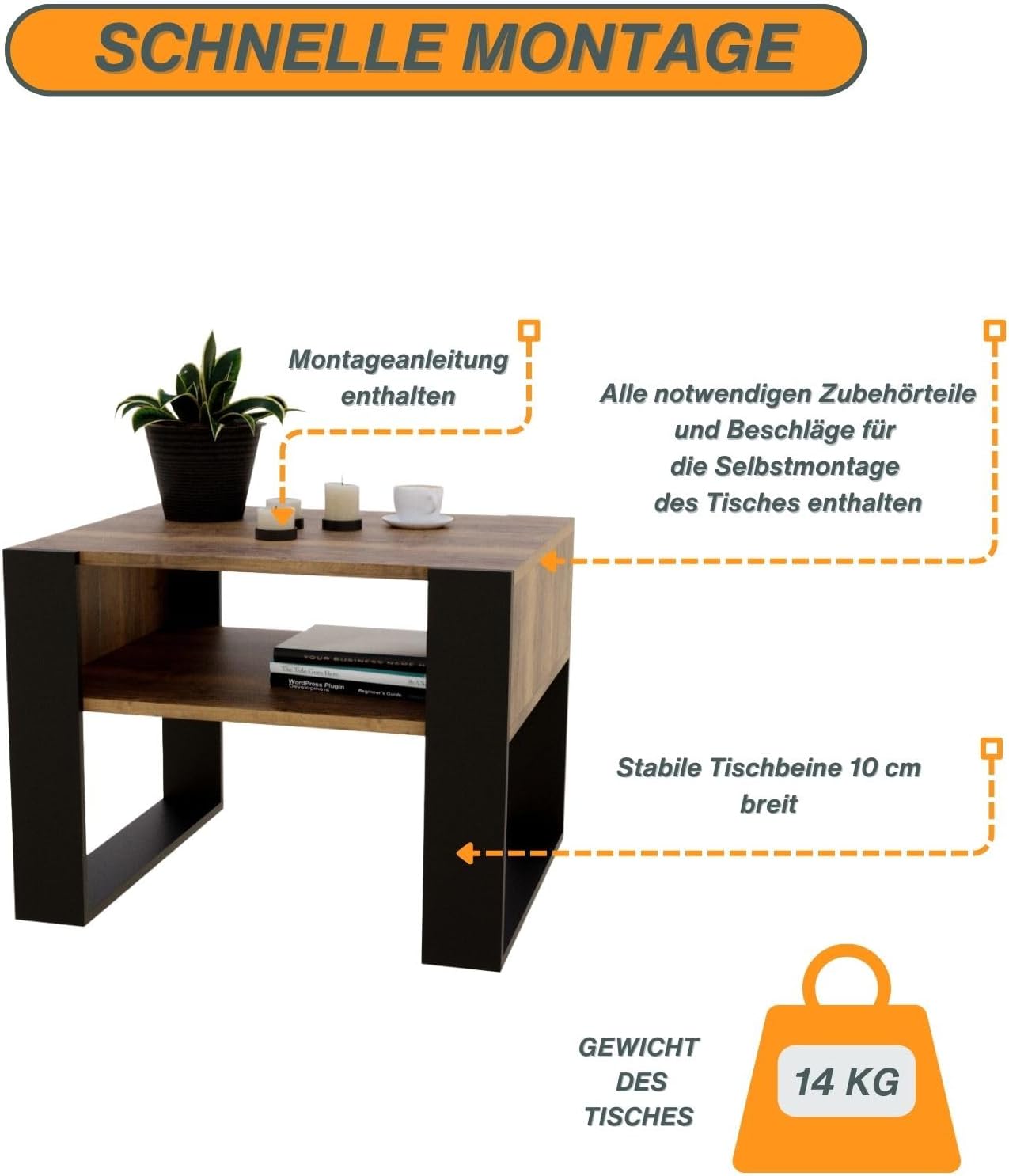Wohnzimmer-Couchtisch mit Ablagefläche, 53,6T x 65B x 45H cm Retro-schwarz