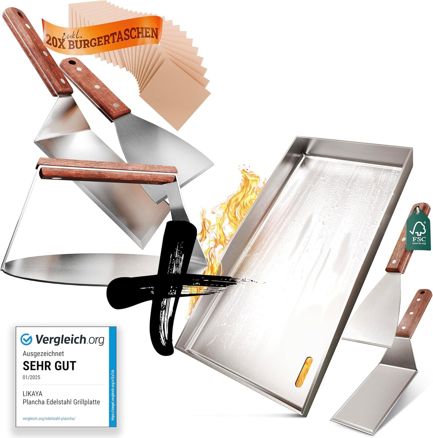 Grillplatte & Burger-Smasher Set (5-teilig), Bundel: Plancha-set & Burger Smasher-set 20x40cm