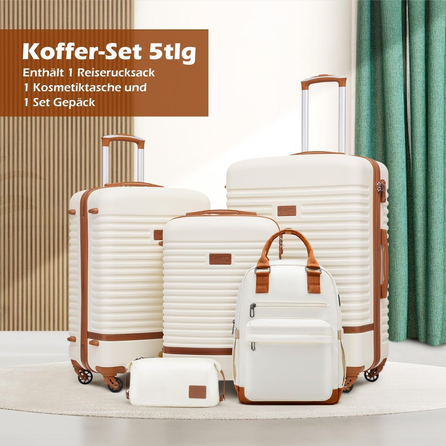 5-teiliges Hartschalen-Trolley-Set mit Reiserucksack und Kulturbeutel, Koffer-Set 5tlg Weiss/Braun