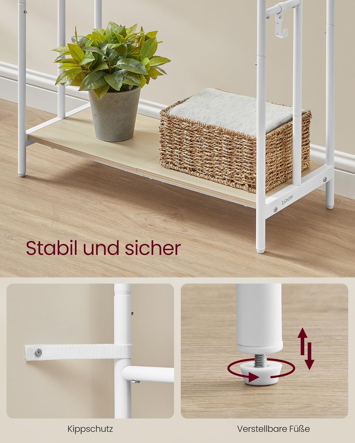 Handtuchständer mit 3 Stangen und Ablage, Wolkenweiss + Naturbeige