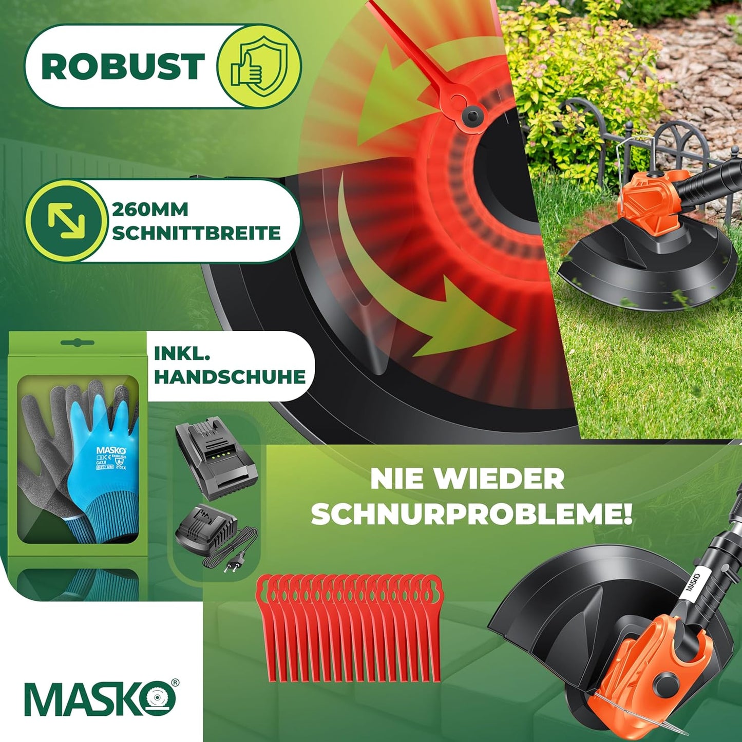 Akku-Rasentrimmer mit Teleskopstiel & 20 Nylonklingen, Orange