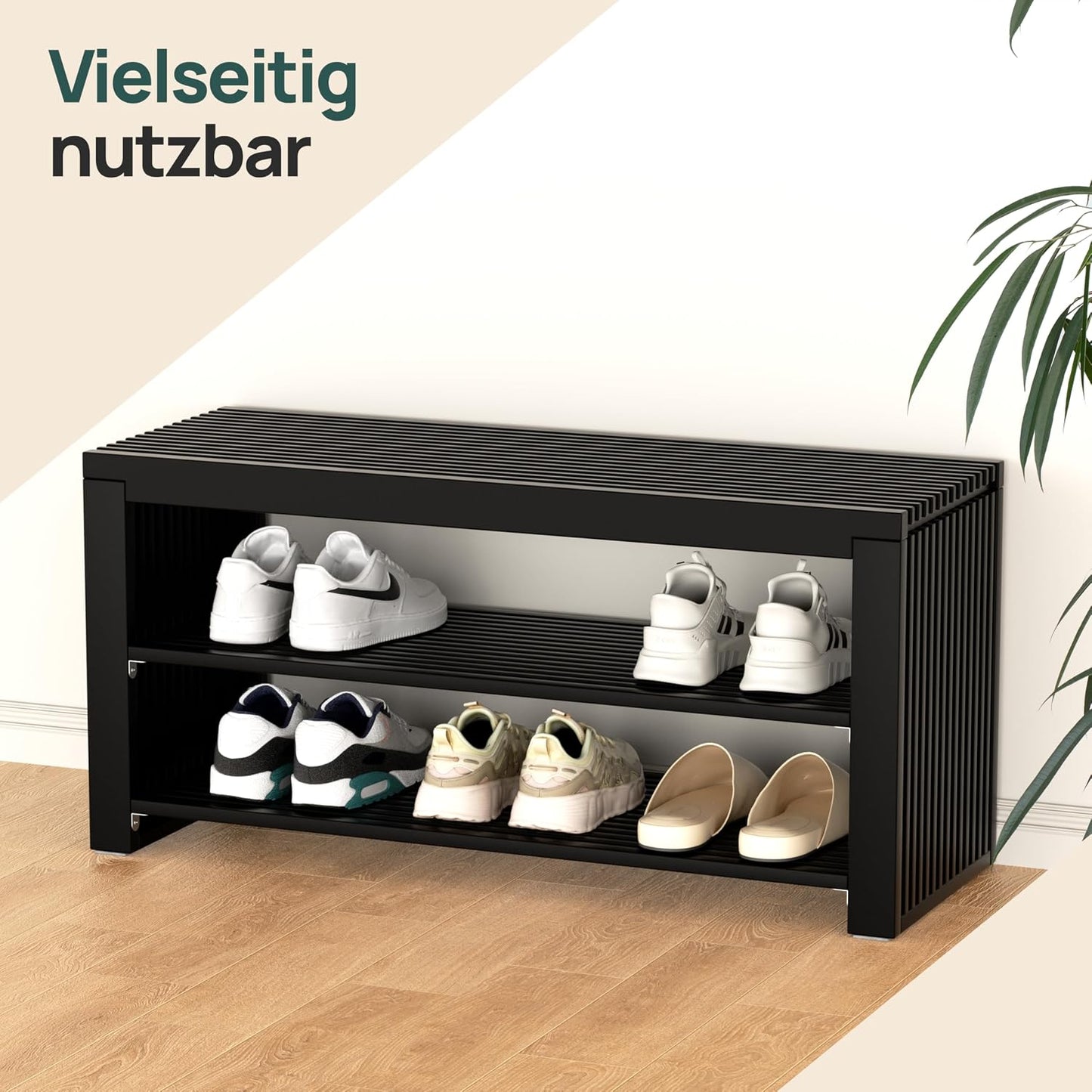 Schuhbank mit Sitzbank und Schuhablage, Schwarz Lang mit Schuhablage
