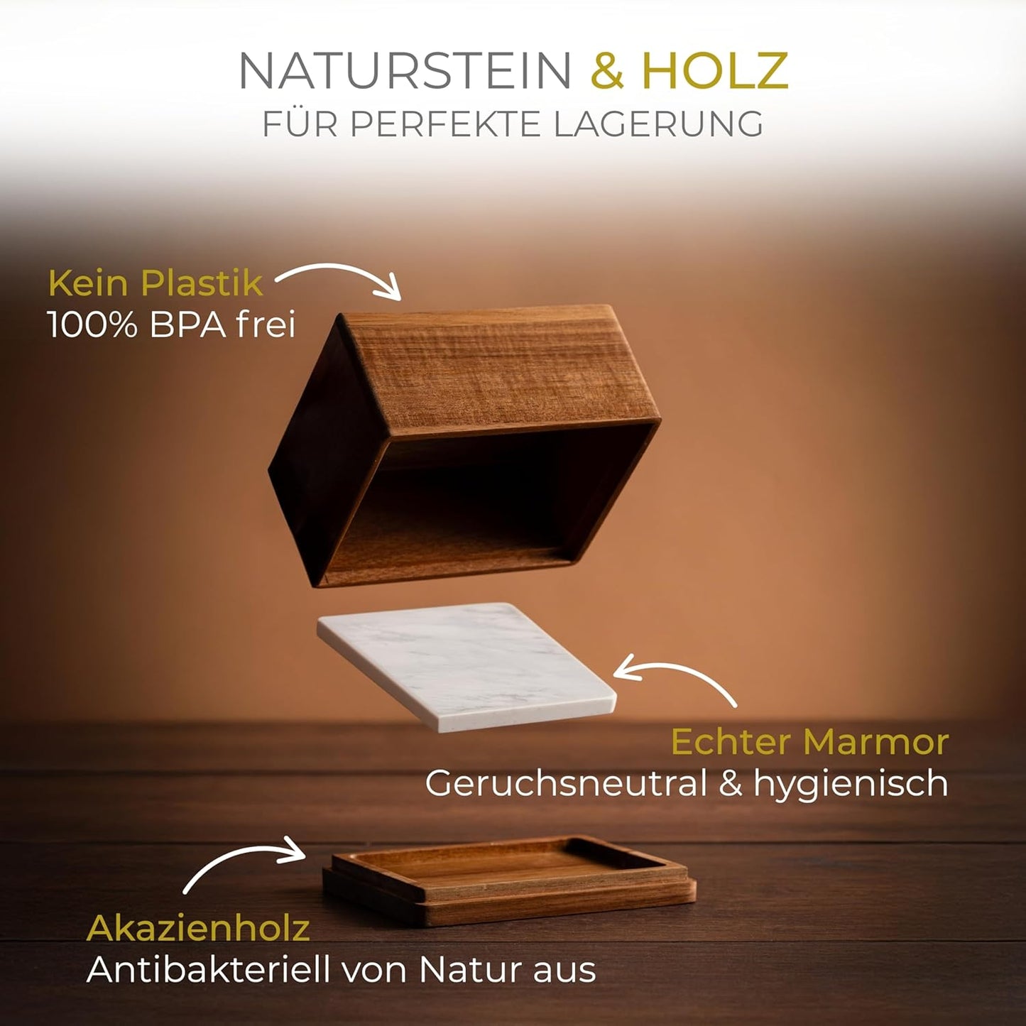 Butterdose aus Akazienholz mit Marmorplatte