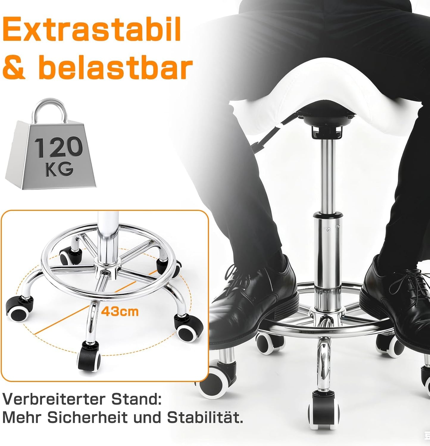 Höhenverstellbarer Sattelhocker mit Lehne, Weiss