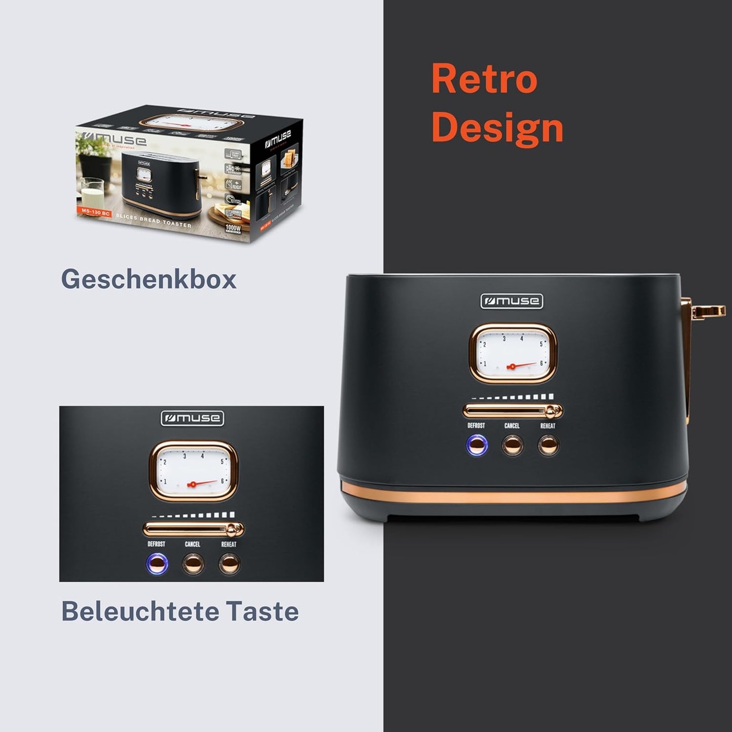 Edelstahl-Toaster im Retro-Design mit 6 Stufen, Schwarz