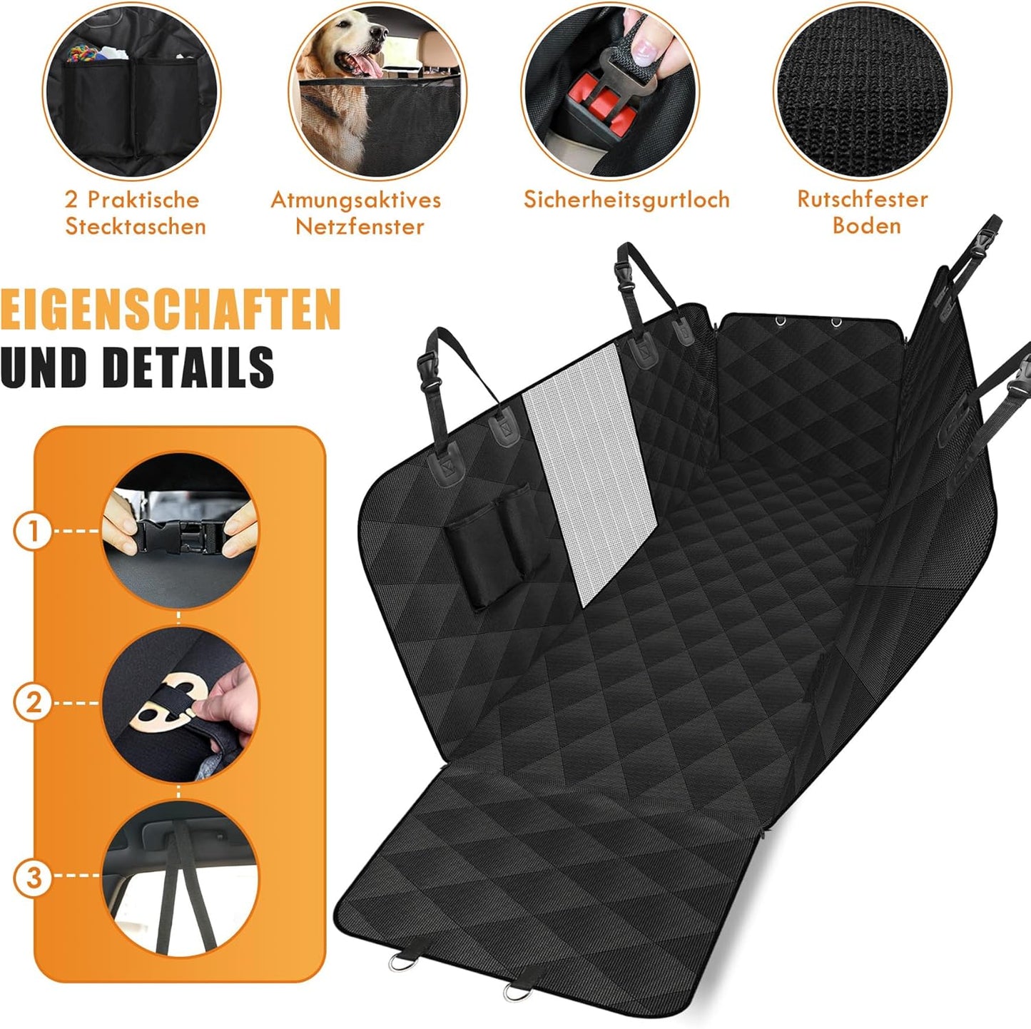 Autoschondecke für Hunde mit Seitenschutz, Hundedecke Auto Rückbank Schwarz-Orange-1