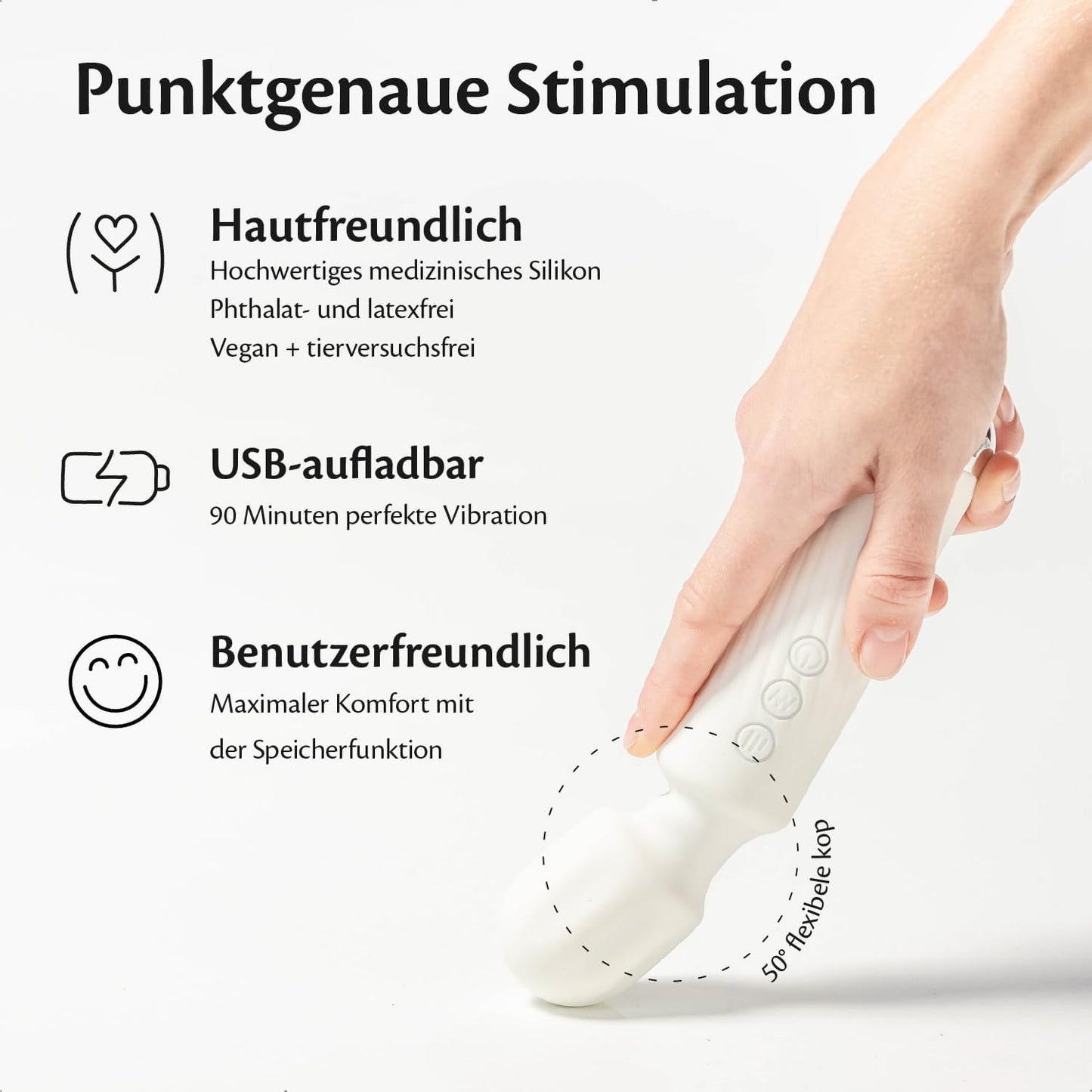 Magic Wand Vibrator mit 160 Kombinationen, Pure Serie, Whisper White