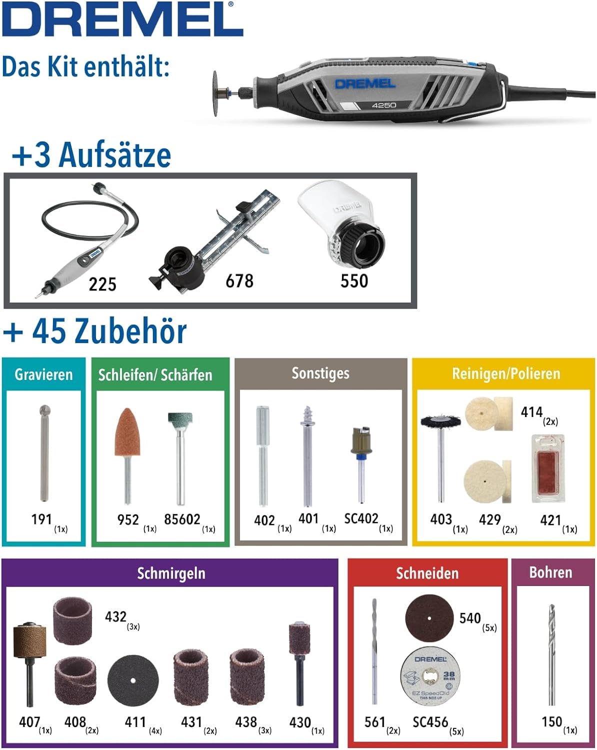 Rotationswerkzeug 4250, Dremel 4250 3 Vorsatzgerät 45 Zubehöre