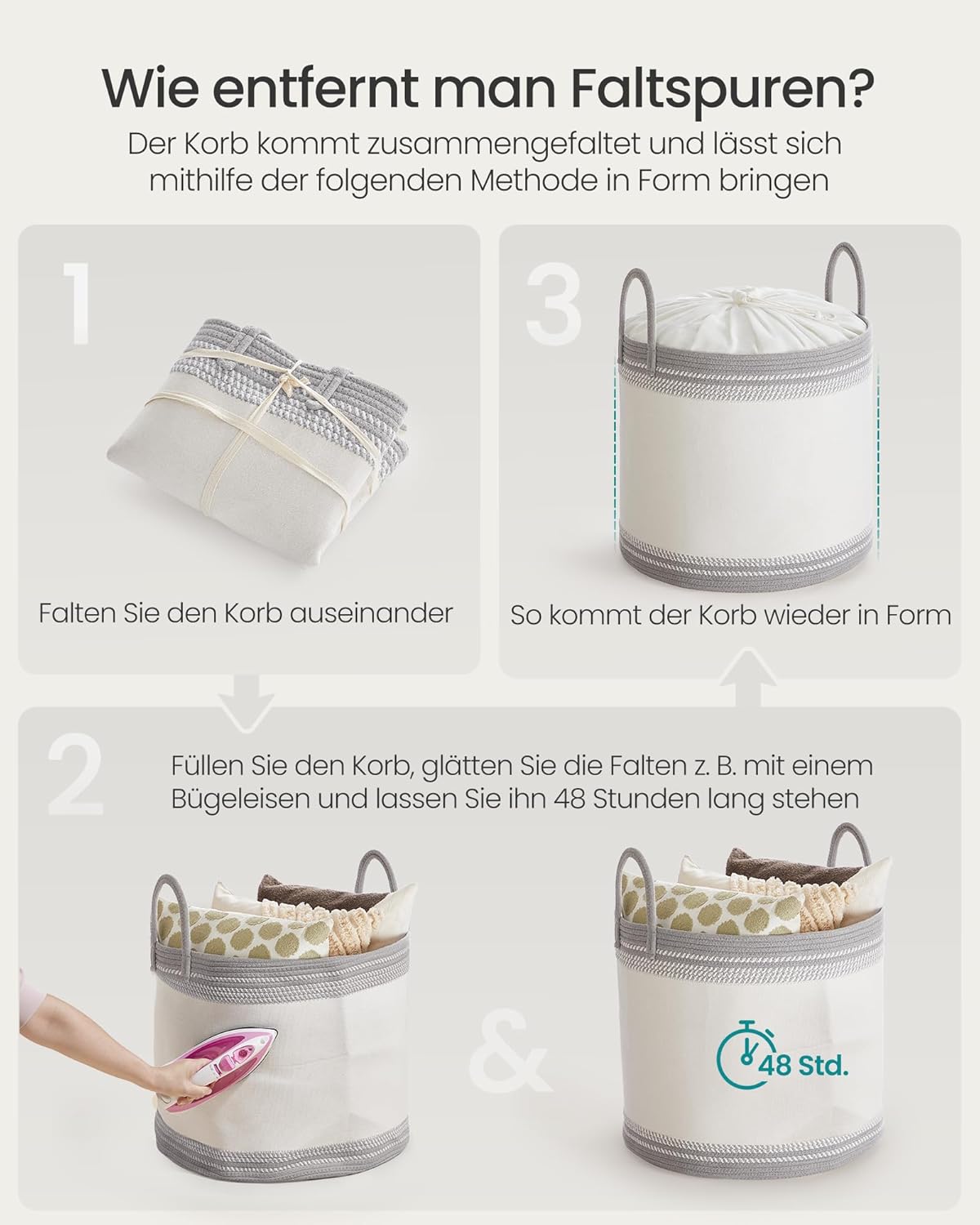 Wäschesammler aus Baumwollseil, Wolkenweiss + Taubengrau 90 L