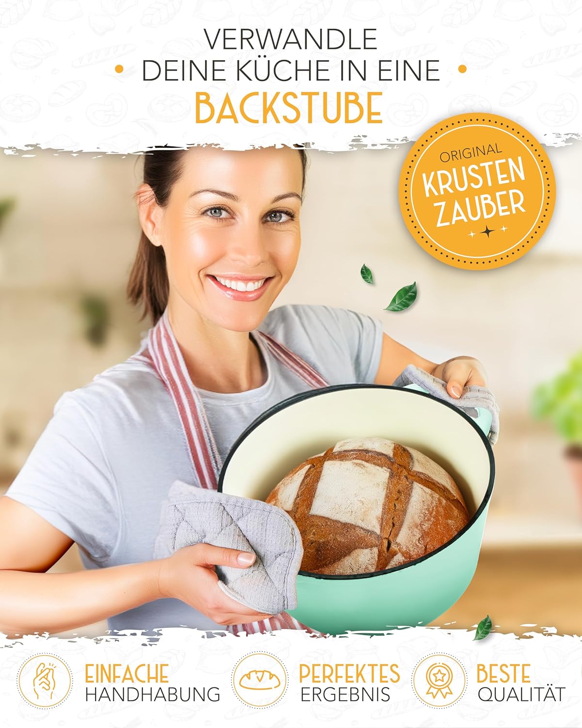 Brotbacktopf mit Deckel, backofengeeignet, Emaille Topf 4,7l - Mint - Einzeln