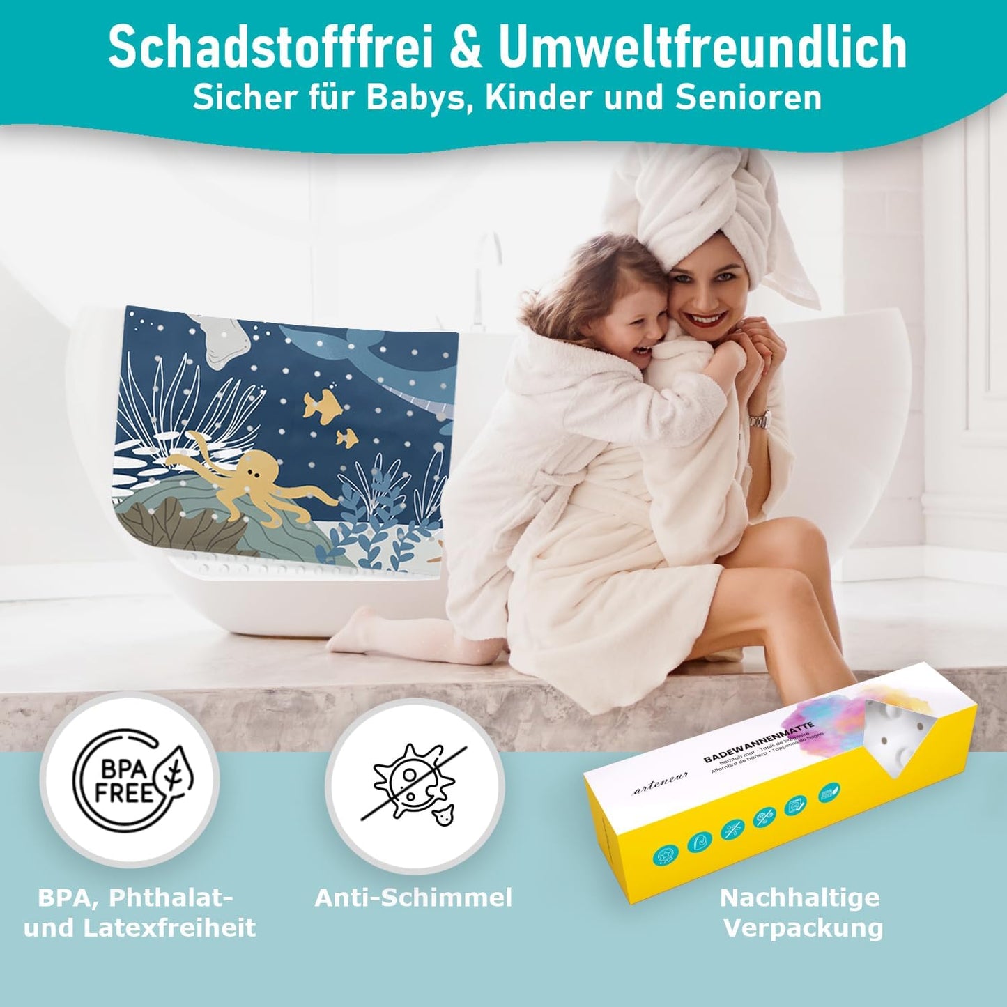 Rutschfeste Badewannenmatte, 100x40 cm, Badewannenmatte Wasserwelt Blau