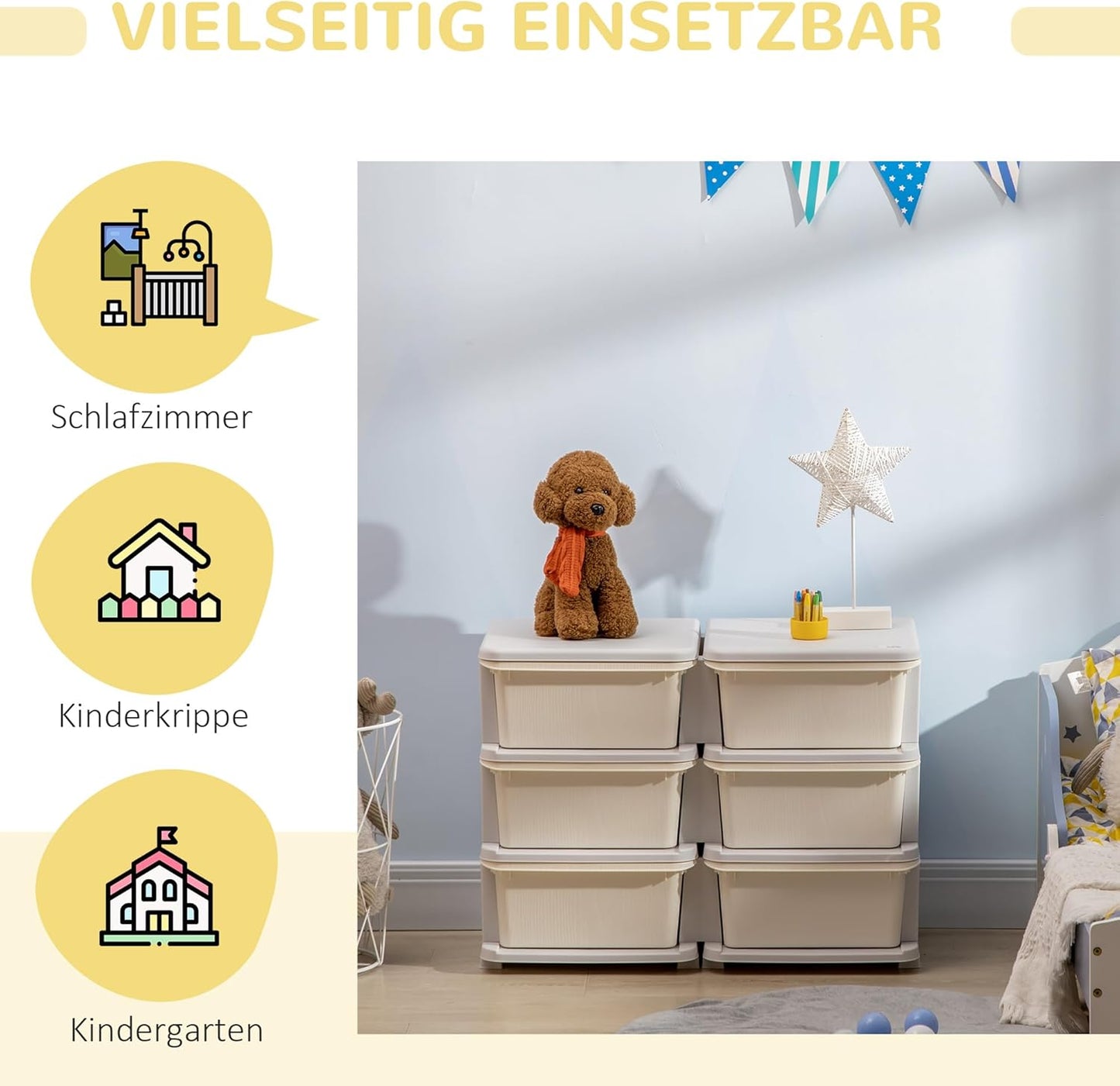 Kinderschubladenschrank mit abgerundete Kanten, 75L x 37B x 56,5H cm Cremeweiss