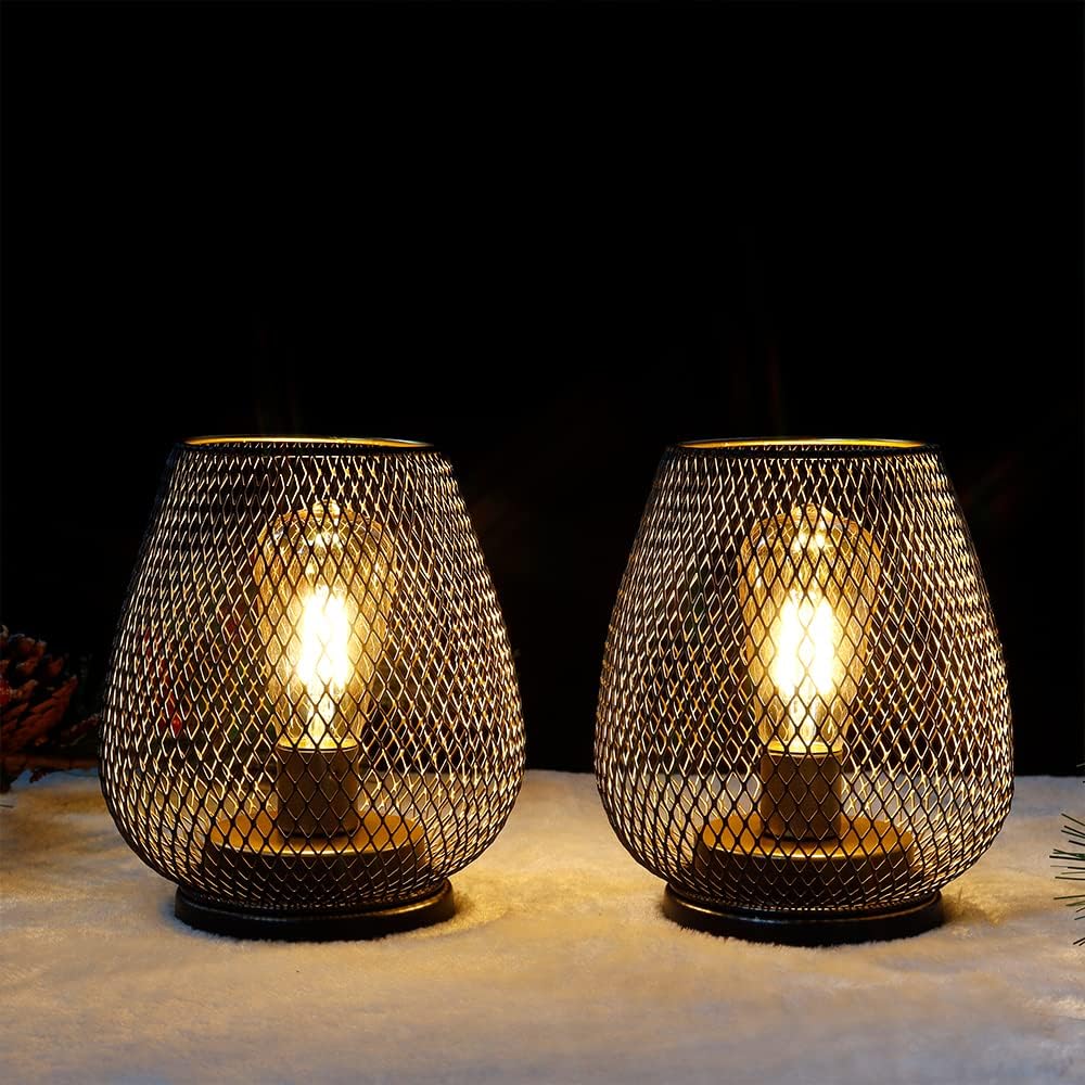 2er-Set Kabellose LED-Tischlampen im Metallkäfig-Design, Braun