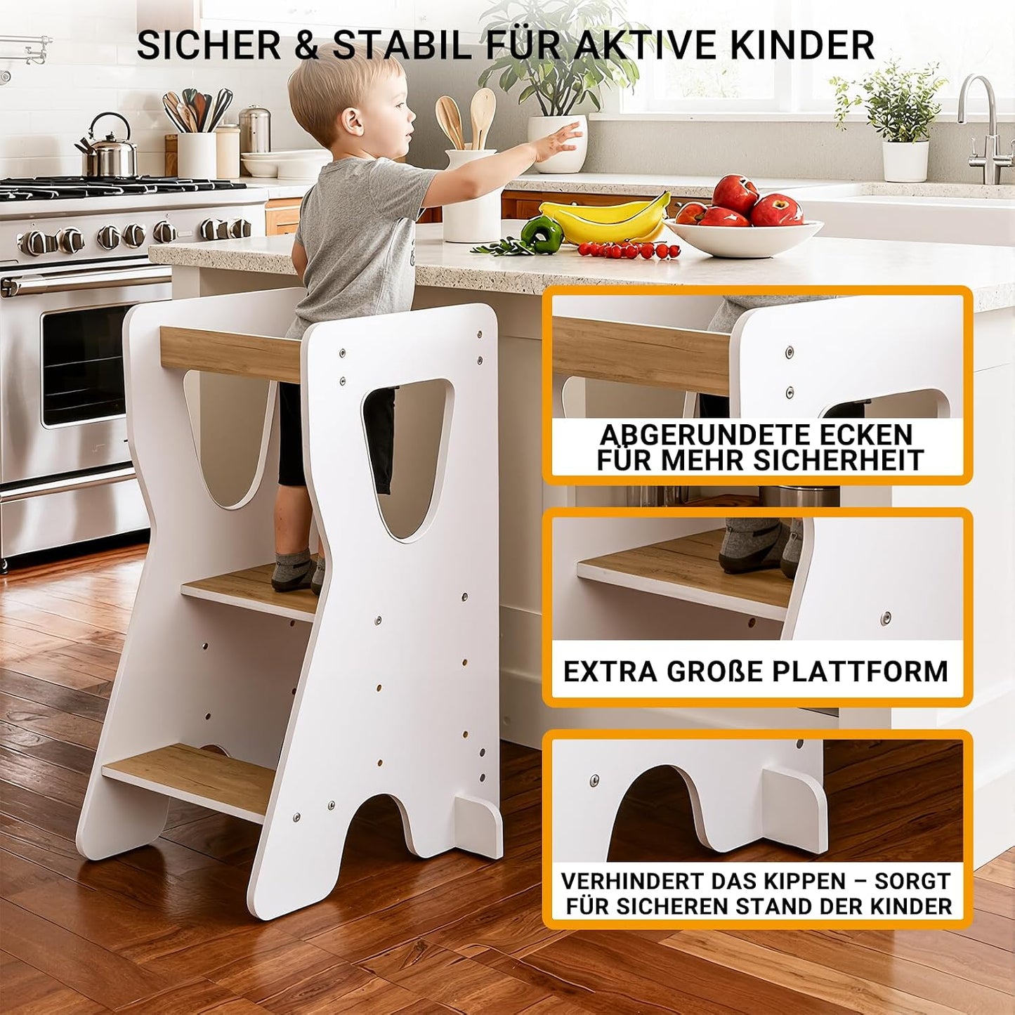 Lernturm höhenverstellbar mit Kippschutz, Weiss und Natur