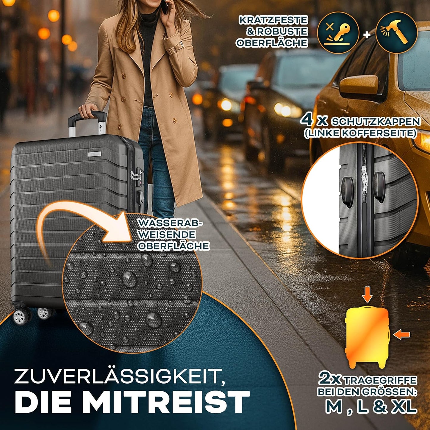 3-teiliges Hartschalenkoffer-Set mit TSA Schloss, Kofferwaage, Kofferanhänger & Koffergurten, Grau / Anthrazit Kofferset 3tlg