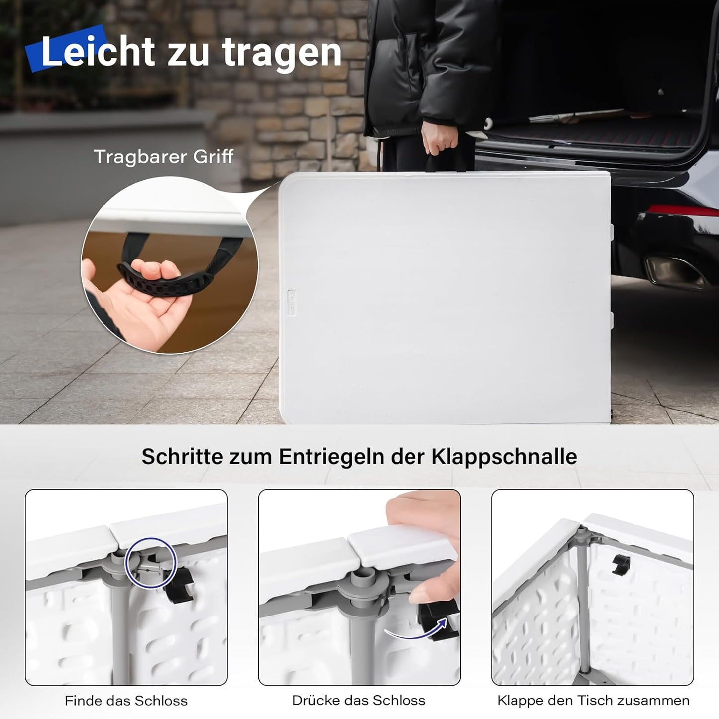 Höhenverstellbarer Klapptisch, tragbar, Weiss