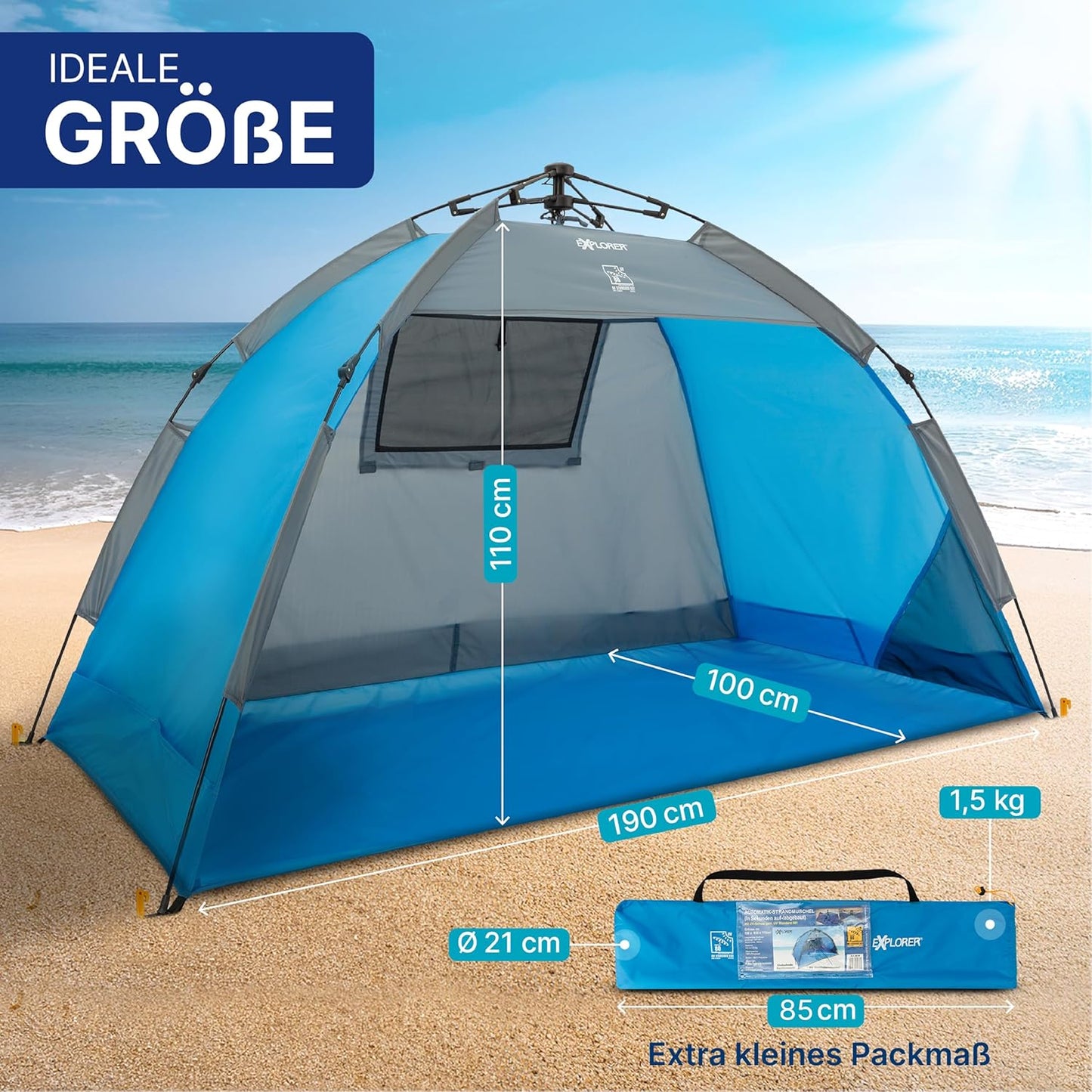 Automatik Strandmuschel mit UV-Schutz 80+, Automatik Blau