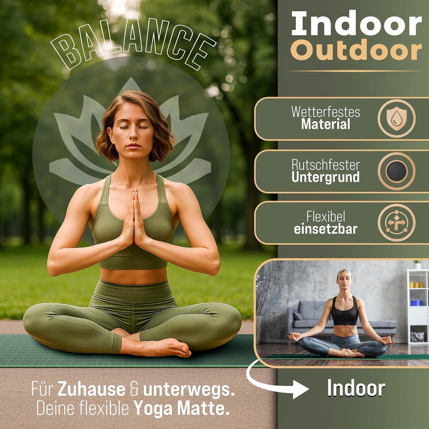 Yogamatte Phthalatfrei rutschfest 183x61x0,6 cm, Dunkelgrün / Limette