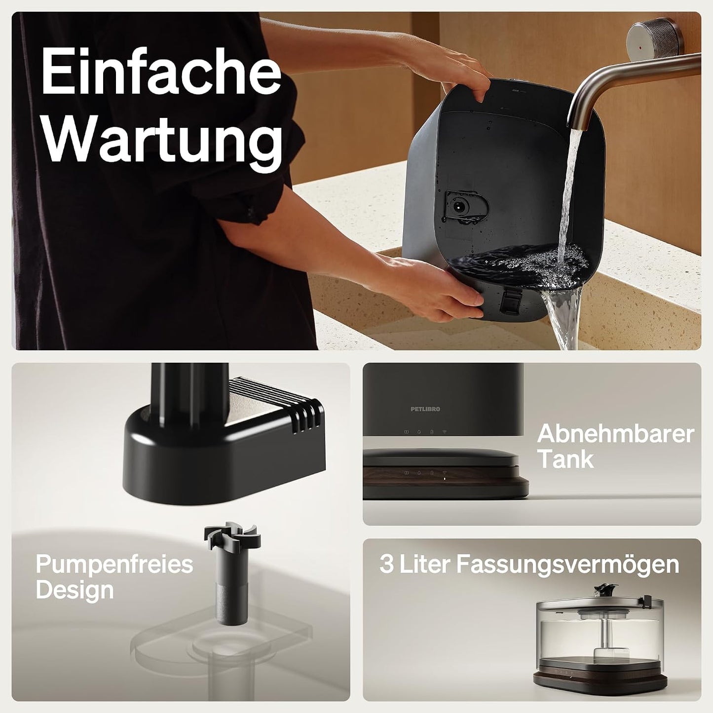 Kabelloser Katzenbrunnen mit App-Überwachung, Schwarz 3L
