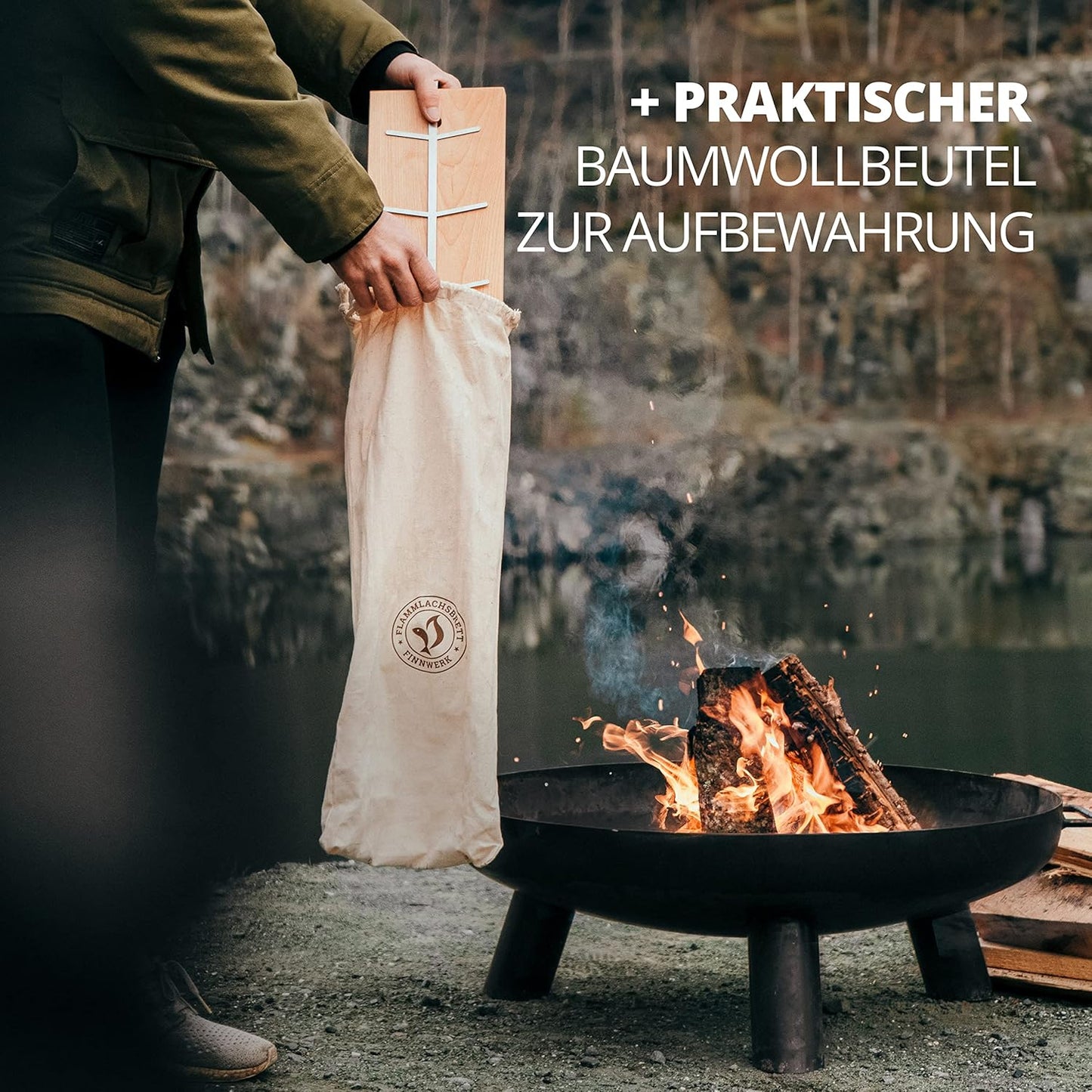 2-teiliges Flammlachsbretter-Set mit Edelstahlhalterung und Baumwolltaschen, 2er Set Flammlachsbrett