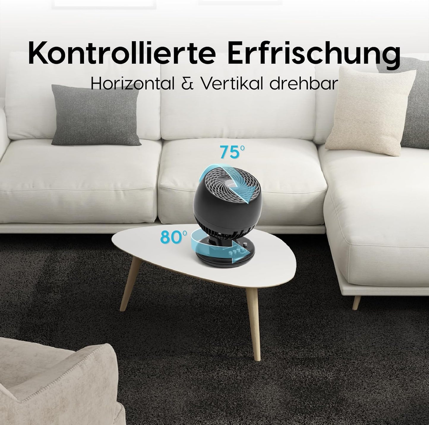 Woozoo PCF-M18 - Leiser Tischventilator mit Oszillation und Neigung, Schwarz Oszillierend/Globus