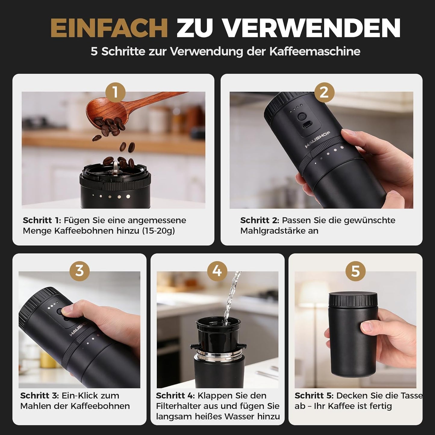 Elektrische Kaffeemühle mit Thermobecher, Schwarz