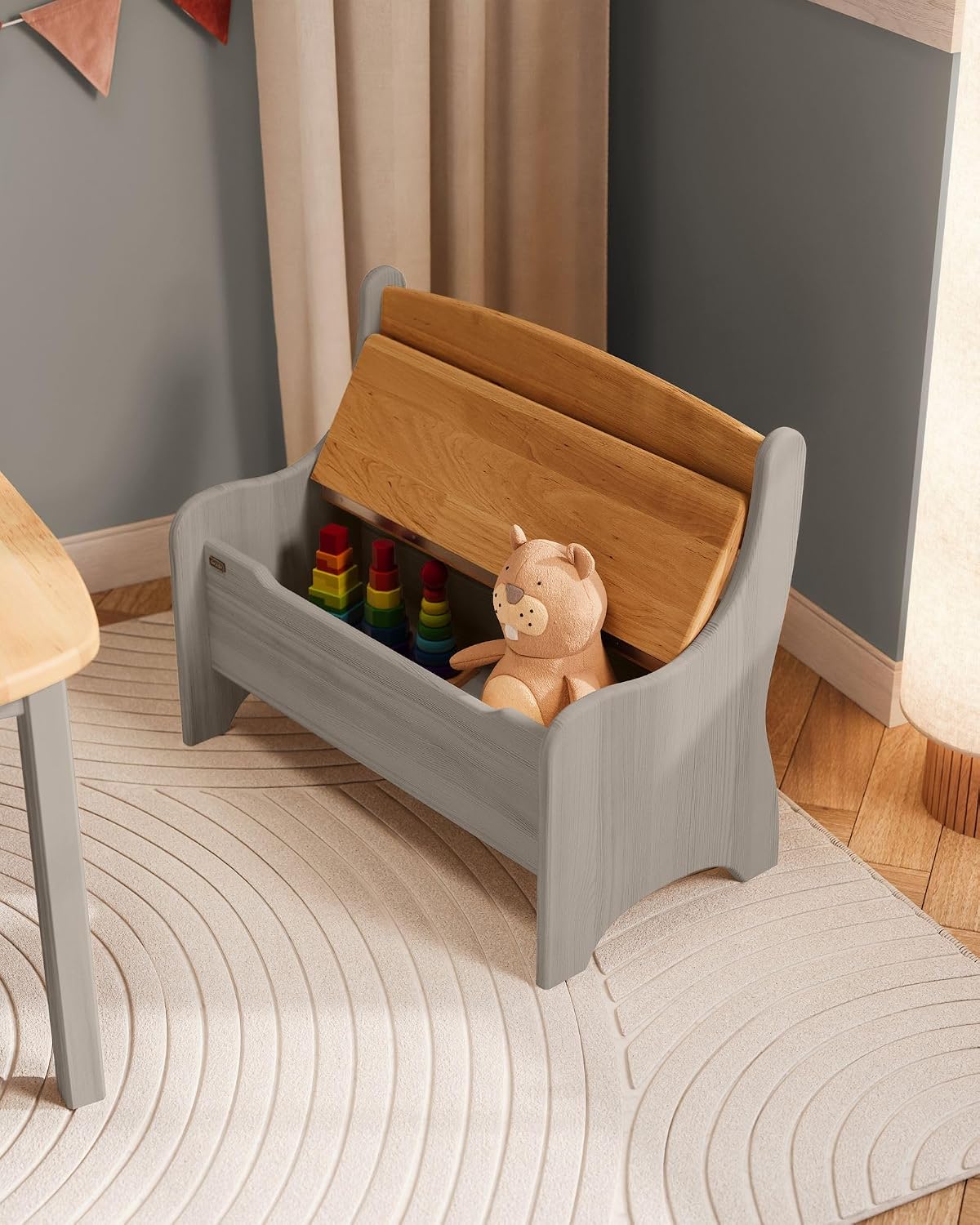 Kindersitzbank Levin mit Geheimfach, Erle Natur, Geölt + Kiefer Elefantengrau, Lasiert