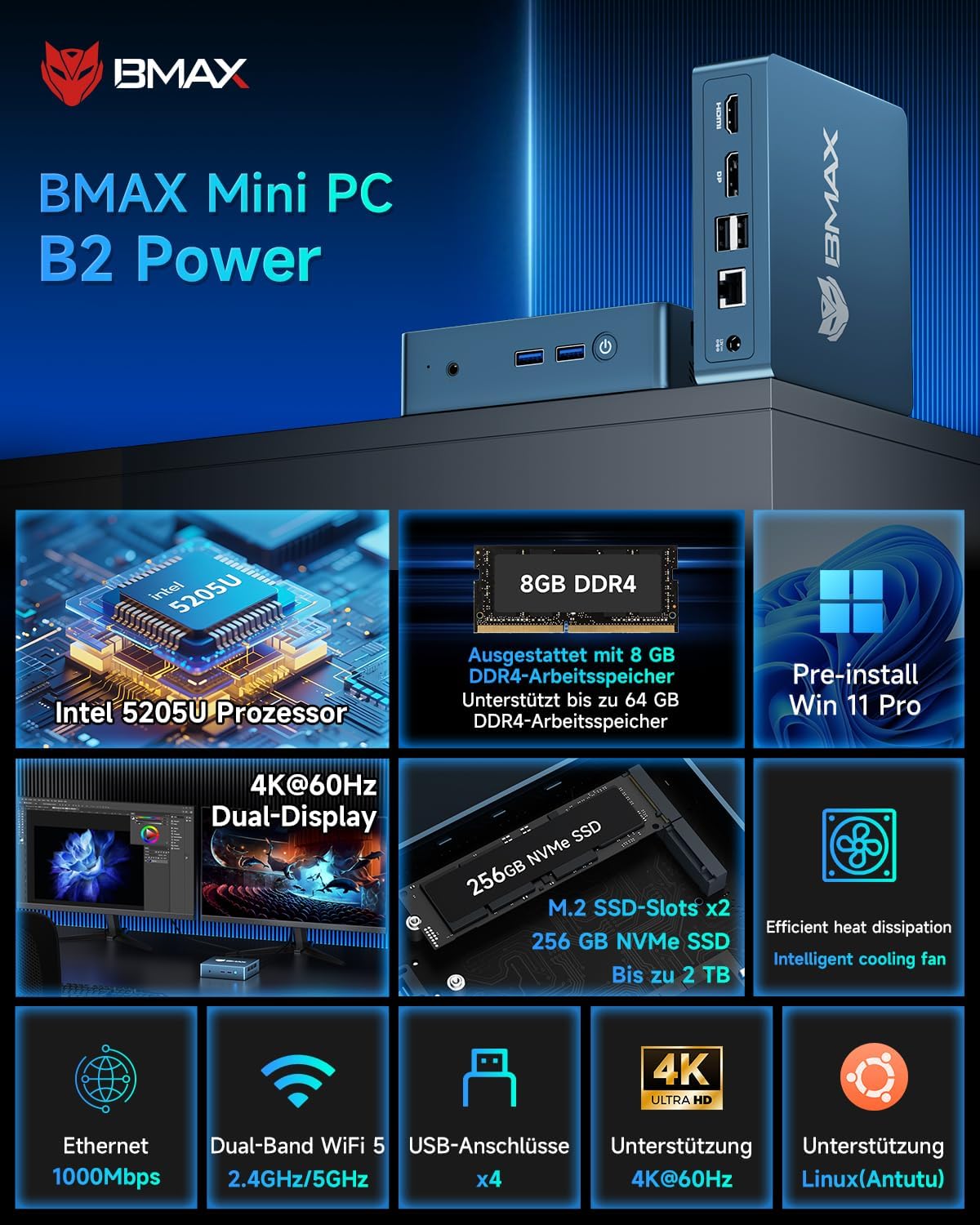 Mini-PC B2Power mit Intel 5205U, 4K Dual-Display, 5205U 8GB DDR4+256GB NVMe SSD