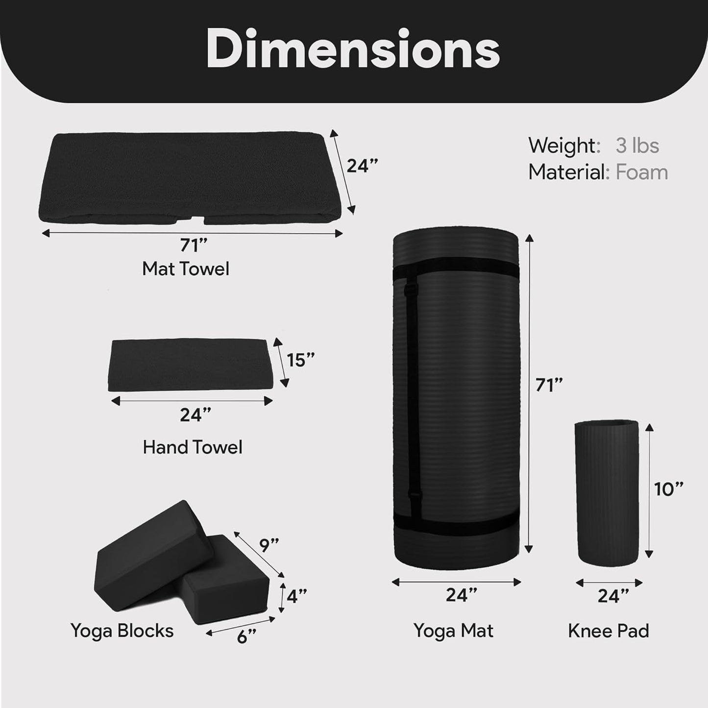 Yoga-Set mit Matte, Blöcken und Zubehör, Schwarz