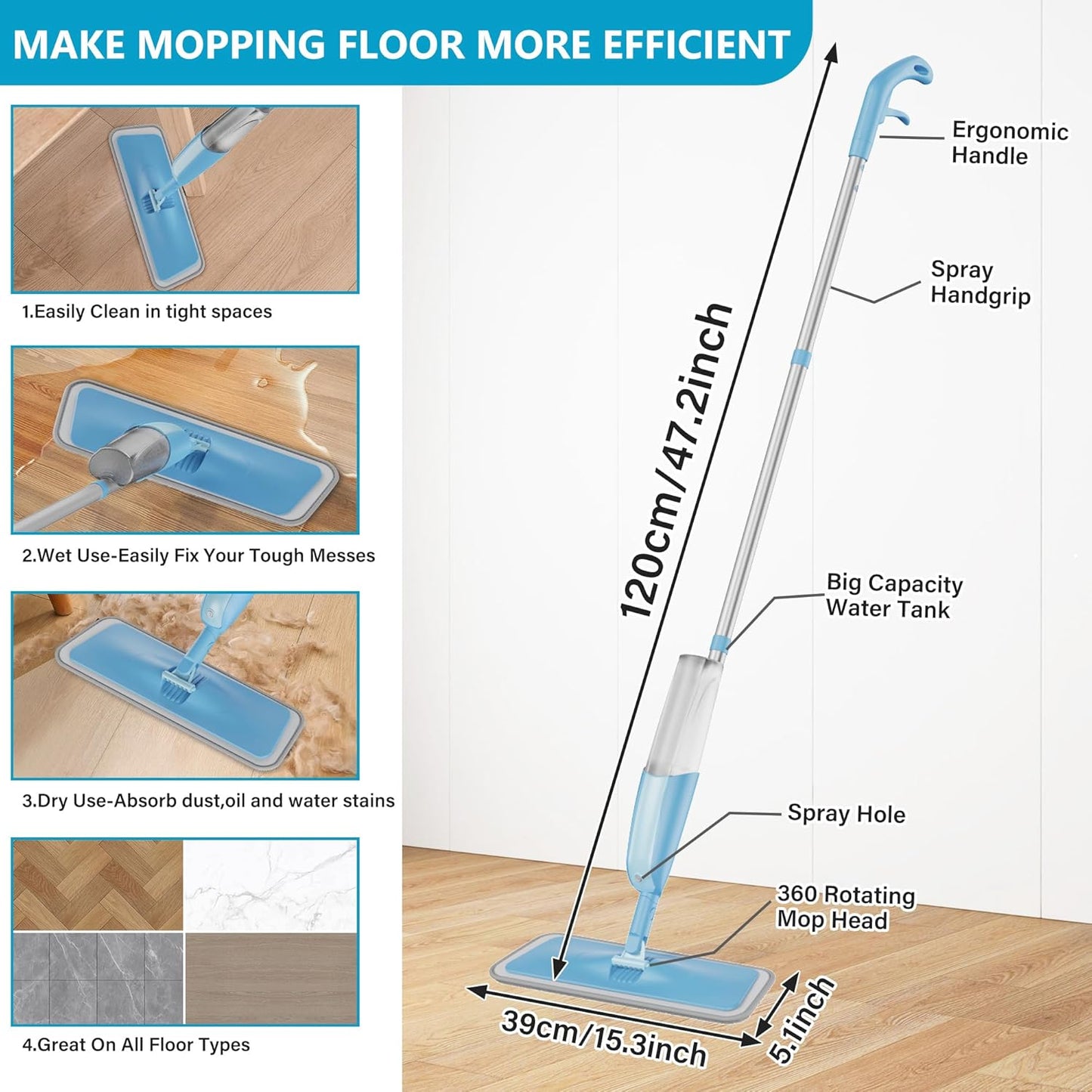 Sprühwischer mit Mikrofaser-Pads und 360° Drehfunktion, Blau