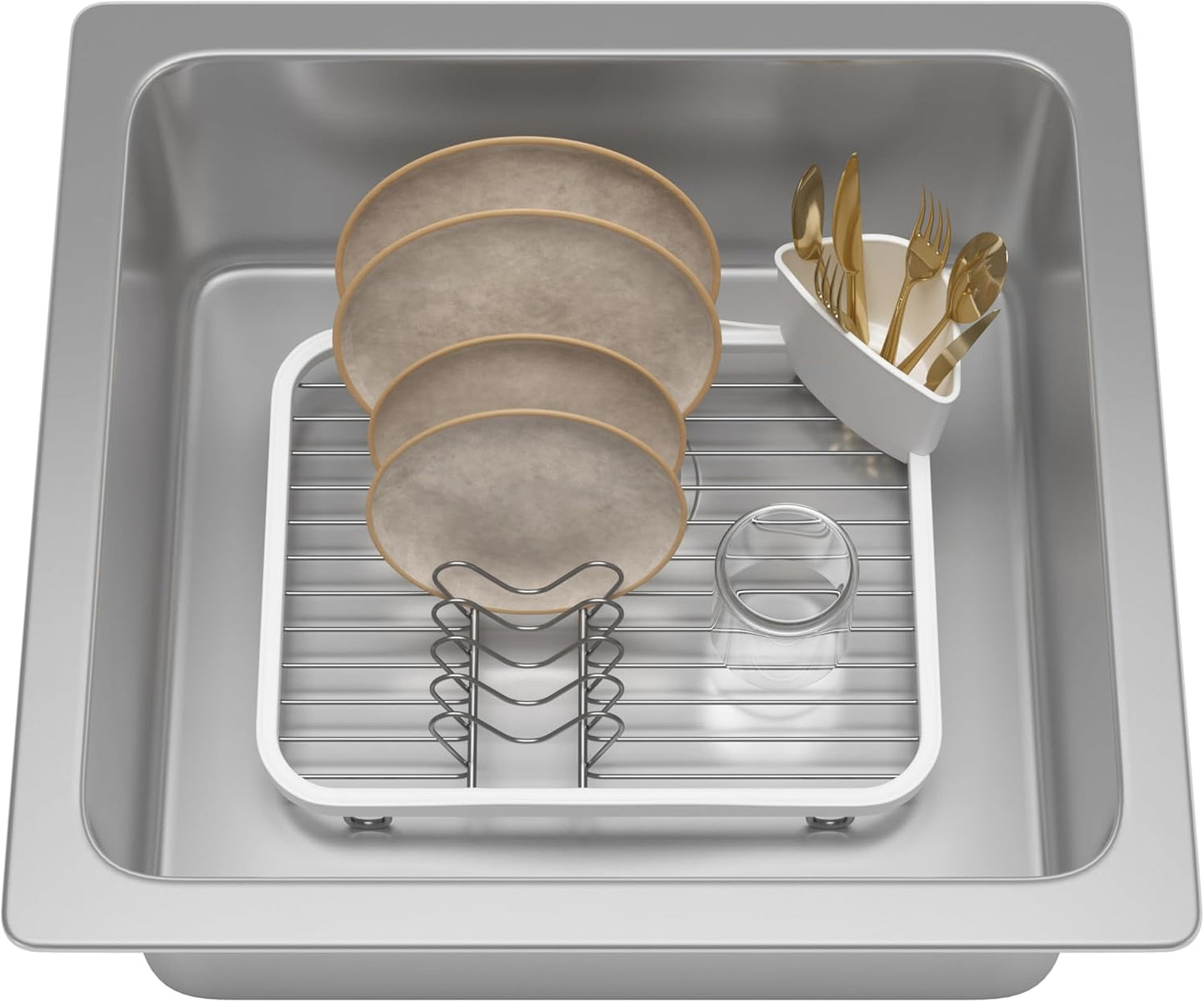 Abtropfgestell mit Besteckhalter, Weiss/Nickel Mittel